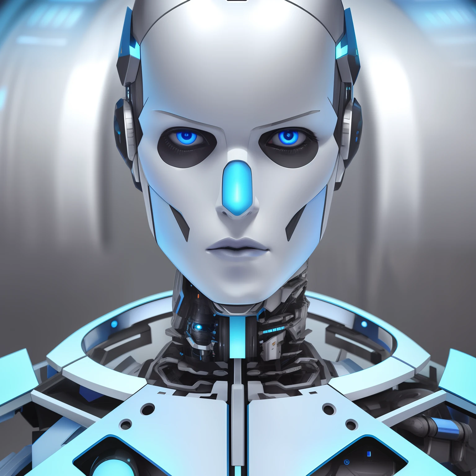 A closeup of a robot with blue eyes and a metal body, portrait of a futuristic robot, Retrato do humanoide masculino, Retrato em close-up de Ciborgue, Face detalhada de um androide, Retrato detalhado de um ciborgue, Retrato de Ciborgue, robot with human face, humanoid robot close up, Retrato de um androide feminino, Retrato de um androide, Retrato do androide feminino