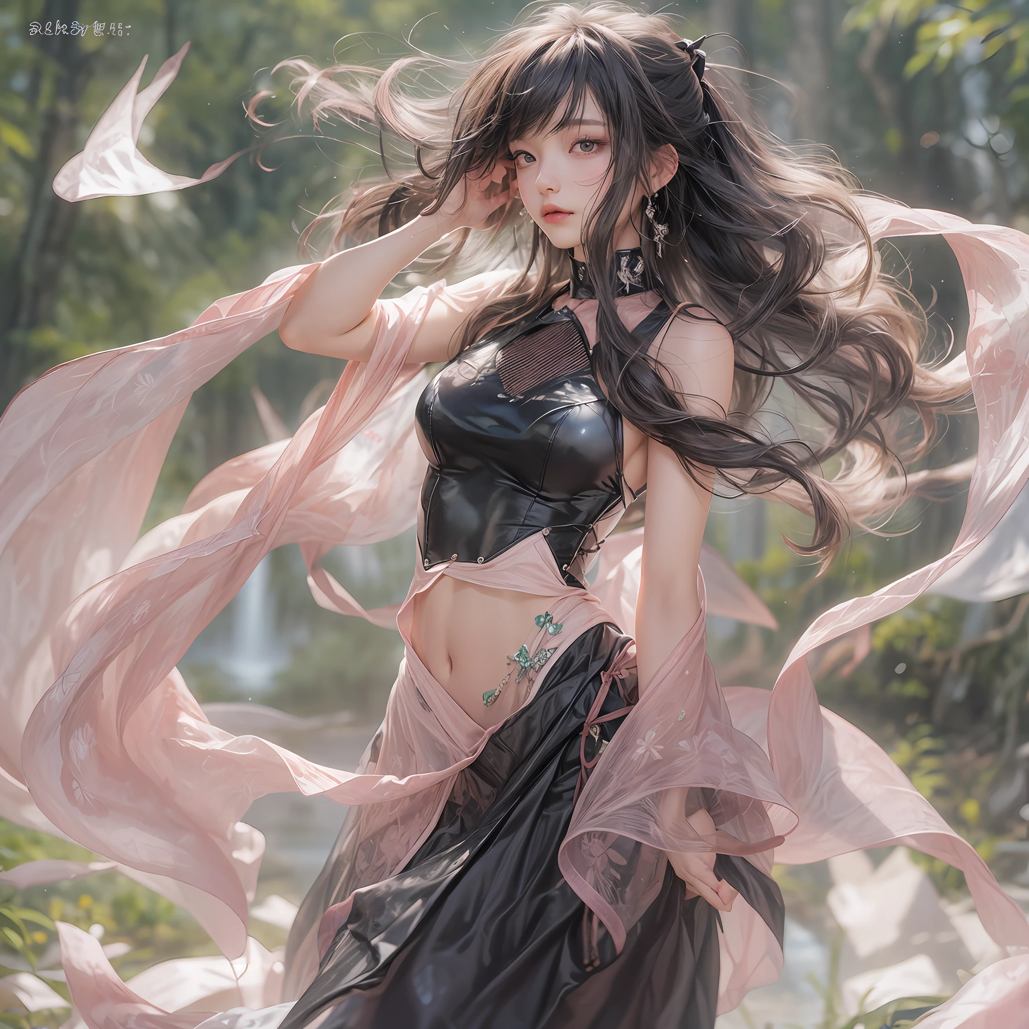 Holding a large see-through stole with pale pink floral pattern with both hands、Swaying in the wind。dark color、shackle、Halter Neck Bodysuit、Rubber Suit Corset、garterbelts、Upper eye、light-colored skin and loose navel skin,,,,,,,,,,,,,,,,,,,,,。Skirt flutters in the wind and spreads。Dynamic Posing。Dancing Poses。
Loose clothing shows shoulders。Very beautiful girl at 19 years old。
Hair swaying in the wind。 masutepiece、Best Photoreal、portlate、Sheer clothing、wetted skin、Wet hair、Sexy look、Functional、Bewitching、Clothes with an open back、Oblique composition、Waterfall in the forest、Big hair ornament、Medium chest、Navel Ejection、Shiny knee-high socks、Bold open chest clothes、、hair adornments、