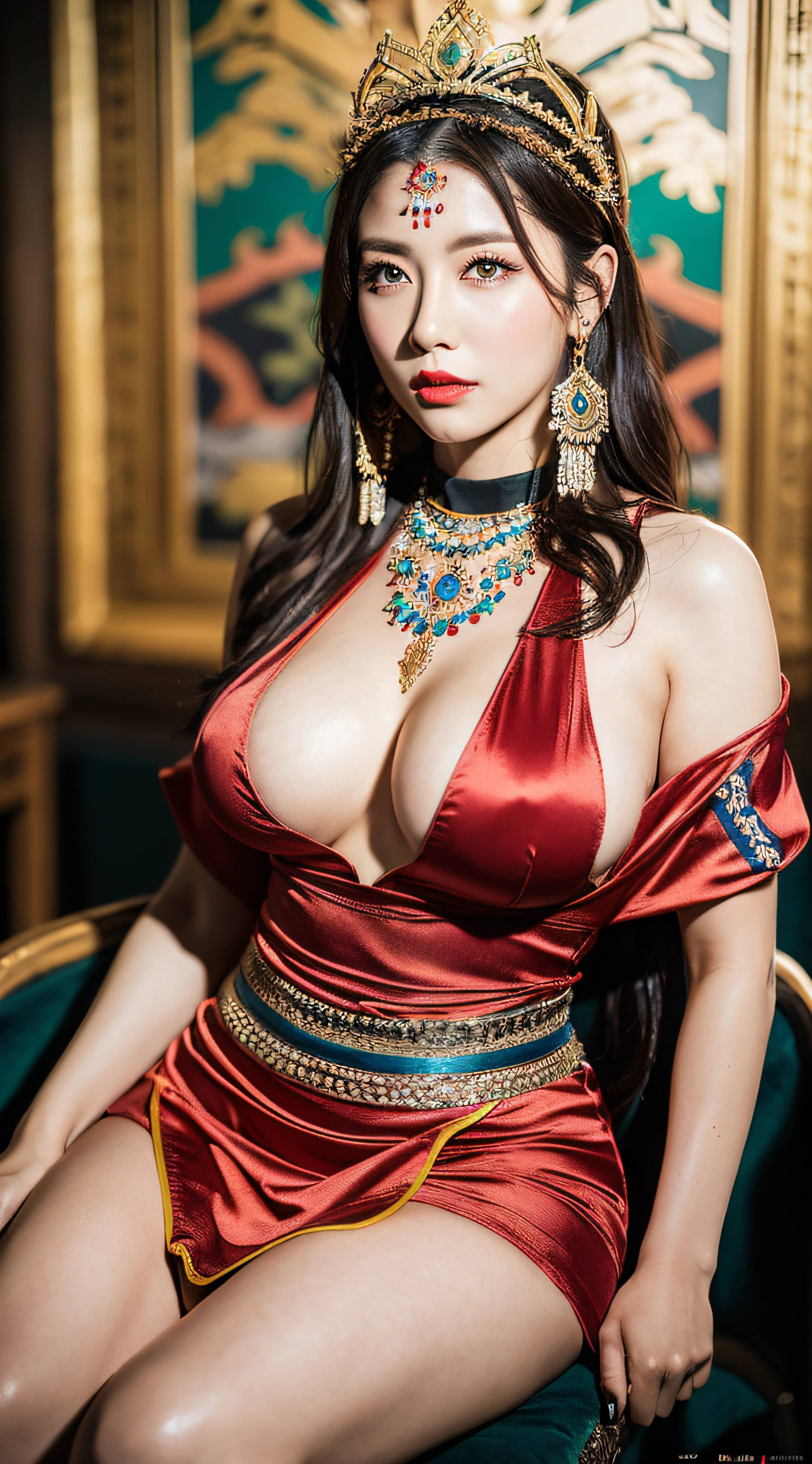((Realistic lighting, Masterpiece: 1.3)), (raw photo:1.2), Hyperrealist portrait gorgeous Beautiful tribal Chinese leader, mature woman, 40 years old, Milf, beautiful serious face, wrinkled face, beautiful detailed charming eyes, (pretty big breasts: 1.1), ((tribal gown: 1.1), (sexy tribal miniskirt)), tribal loin cloth, tribal jewelry, native american attire, tribal diadem circlet, tribal palace background, legendary style, epic style, full body, sit on a chair, professional photography, font view, very detailed faces, (red lips, natural makeup: 1.5), Best quality, 8K, colorful style