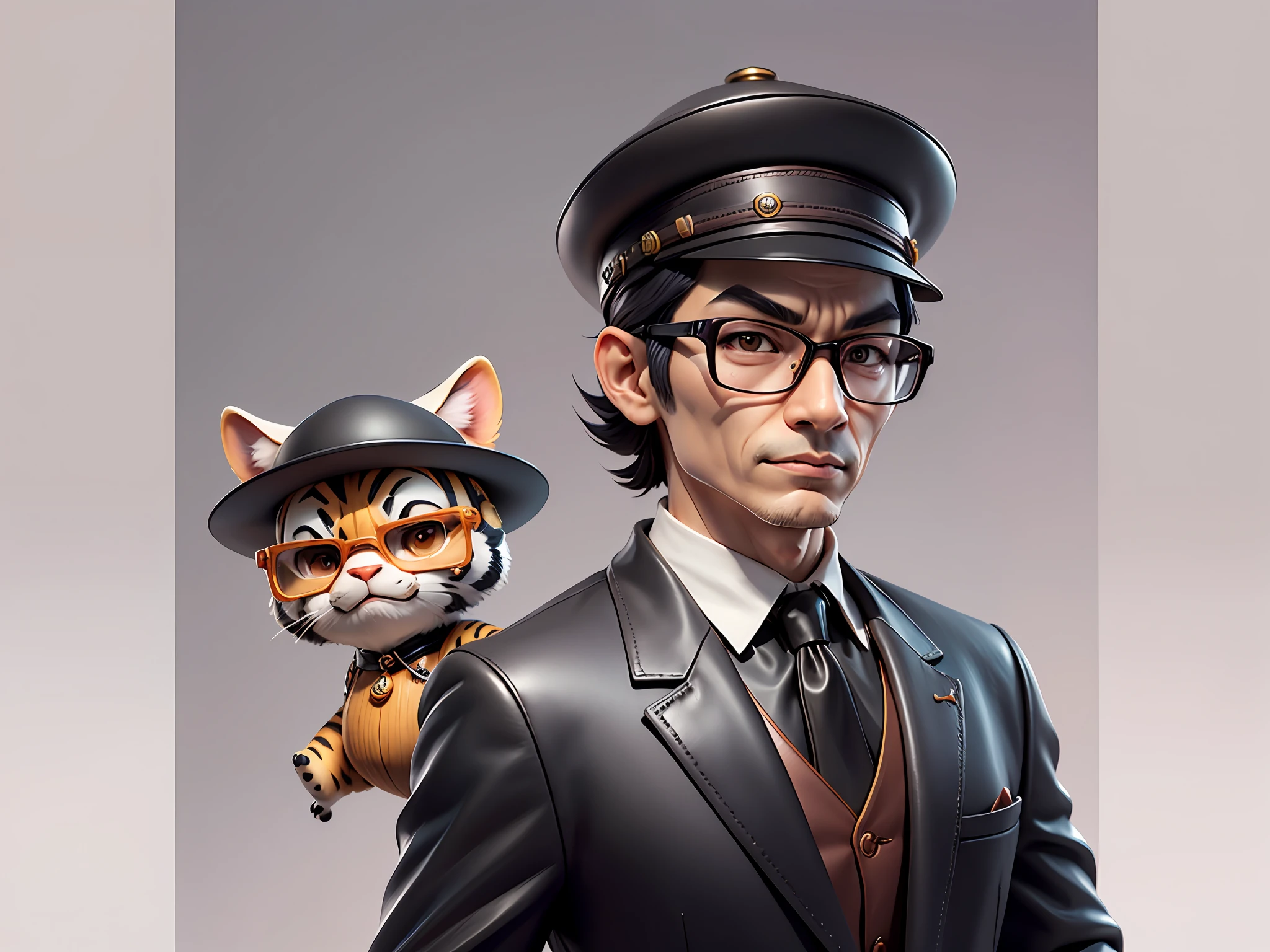 Young man with oriental face in leather hat, tiger, oriental face in formal suit, short black hair, silver glasses, digital painting, 3D character design by Mark Clairedon and Pixar and Hayao Miyazaki and Akira Toriyama, the illustration is a high-definition illustration in 4K resolution with very detailed facial features and cartoon-style visuals.