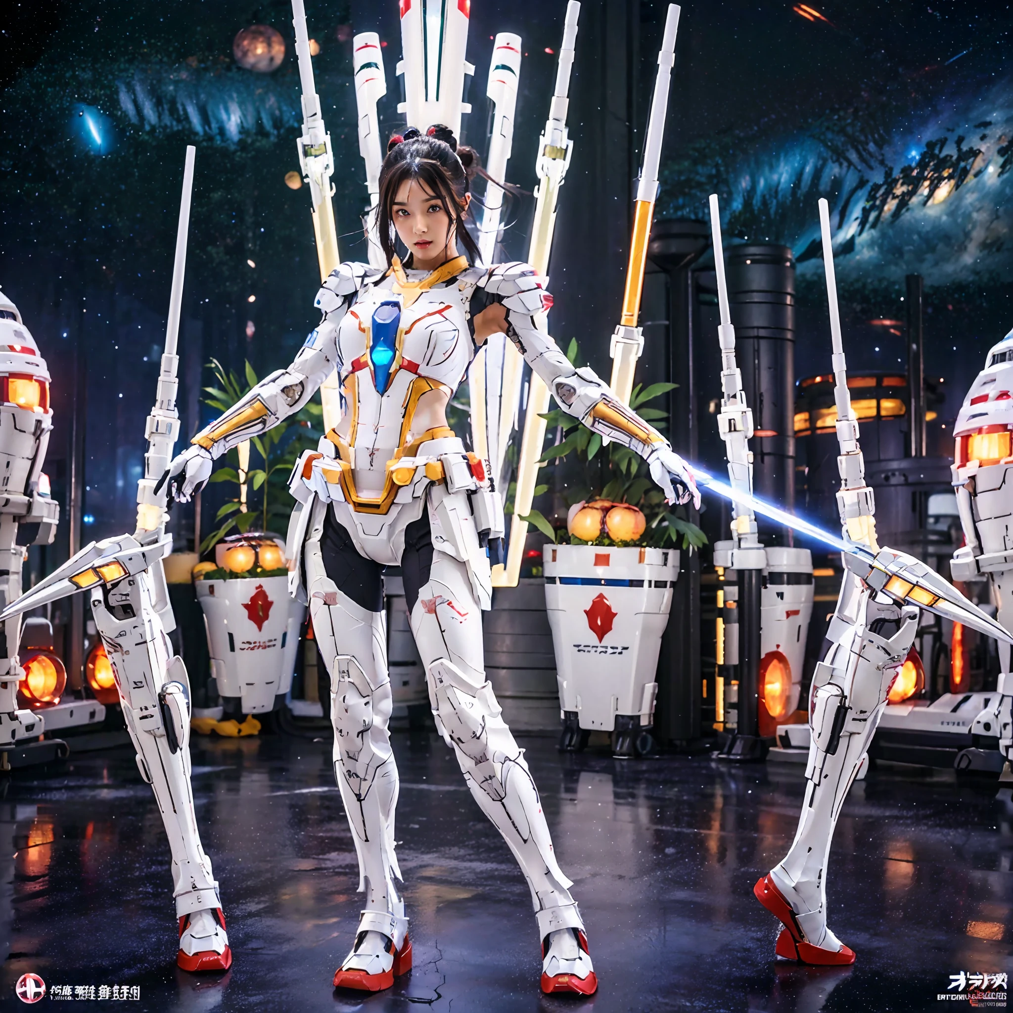 Full Body View CyberArmor Ultraman Empress is spreading her wings of light in outer space, ready to leap,The Ultra Armor Ultraman Empress in the ultra-wide-angle shot has an ethereal and graceful posture,Stretch out the light wings is magnificent,Cyberarmor Ultraman Empress has a sexy and atmospheric figure,K-cup teardrop-shaped giant tit chest tears the armor apart, making her sexy ??? characteristics obvious body particularly attractive,She was facing the unfolding portal,Behind you is a bright starry sky,At your feet is the planet Cyber,A glorious body cloaked in space rays,A pair of huge heterochromatic eyes of Kaziran,Those eyes had gemstone pupils with dreamy fire,The sexy and tight waist and abdomen line is sexy and graceful,Cyber Armor Ultraman Empress Beauty collarbone connects to slender shoulder arms,There are graceful hands that are ergonomic and physiologically normal,Knee-high fishnet sock armor on his legs,Wearing Skyscraper Heels armor on his feet,There is no fat all over the body,And the funnel shape is slim at the waist,The buttock armor looks rounded and sexy,Slim mechanical beautiful legs are super slender,Gorgeous mech liveries and pulsed light strips give her a futuristic mechanical aesthetic,Use Midjourney's advanced stroke tools and experiment with different color palettes and strokes to reveal and improve clarity and detail,The starry sky element that shows the background uses hash power to compose the sexy mechanical shape of various parts of the body of the Cyberarmor Ultraman Empress,Improve image quality and clarity,Cyberarmor Ultraman Empress is a streamlined mechanical trait that coexists mechanically and sexy,The result is incredible detail throughout the picture。Use Midjourney's advanced brush tools and experiment with different color palettes and texture tools, stroke tools, material packs, character expression tools, and show and enhance the sexy elements in your scene,The result is an incredibly premium quality to the entire pictu