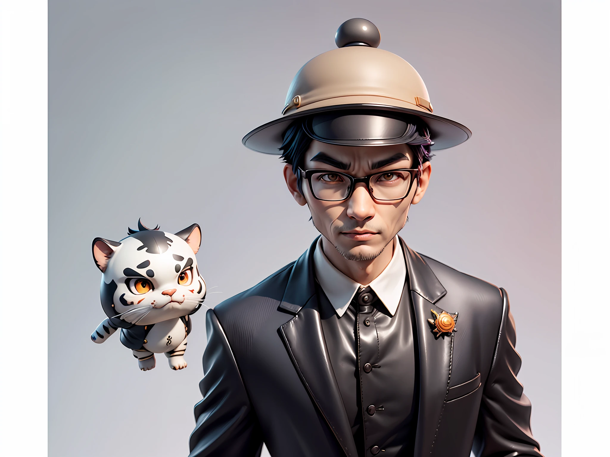 Young man with oriental face in leather hat, tiger, oriental face in formal suit, short black hair, silver glasses, digital painting, 3D character design by Mark Clairedon and Pixar and Hayao Miyazaki and Akira Toriyama, the illustration is a high-definition illustration in 4K resolution with very detailed facial features and cartoon-style visuals.