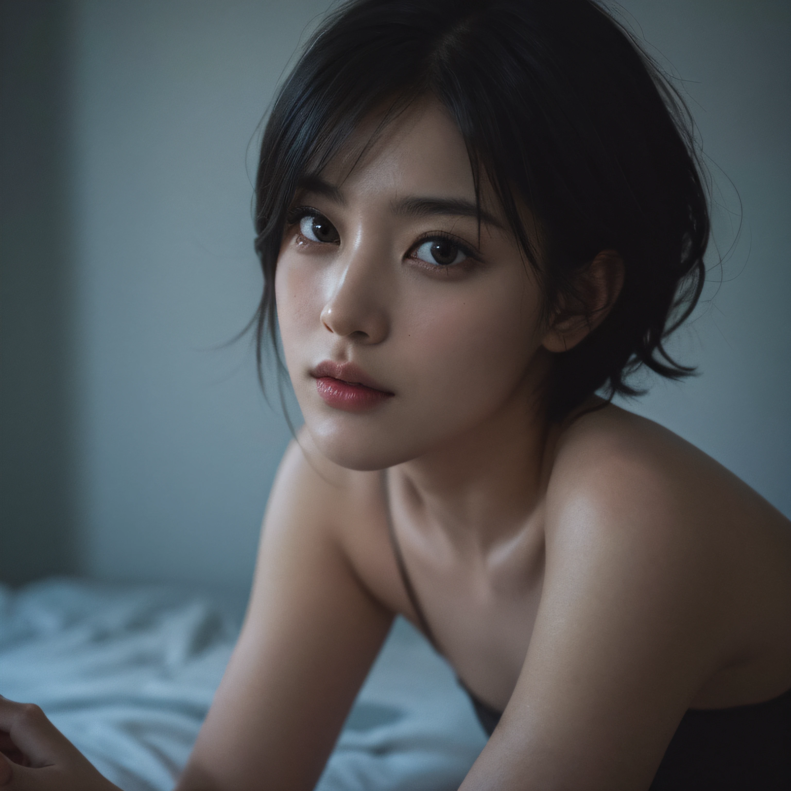 Best quality, masterpiece, ultra high res, (photorealistic:1.5), raw photo, 1girl, offshoulder, in the dark, deep shadow, low key, cold light, sexy look, short hair