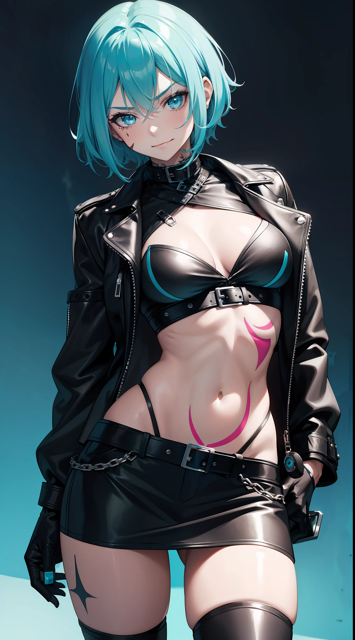 Young girl, short cyan hair, turquoise eyes, punk, scars, tattoo, smirk, open belly, open breasts, black leather jacket, black leather skirt, Masterpiece, hiquality