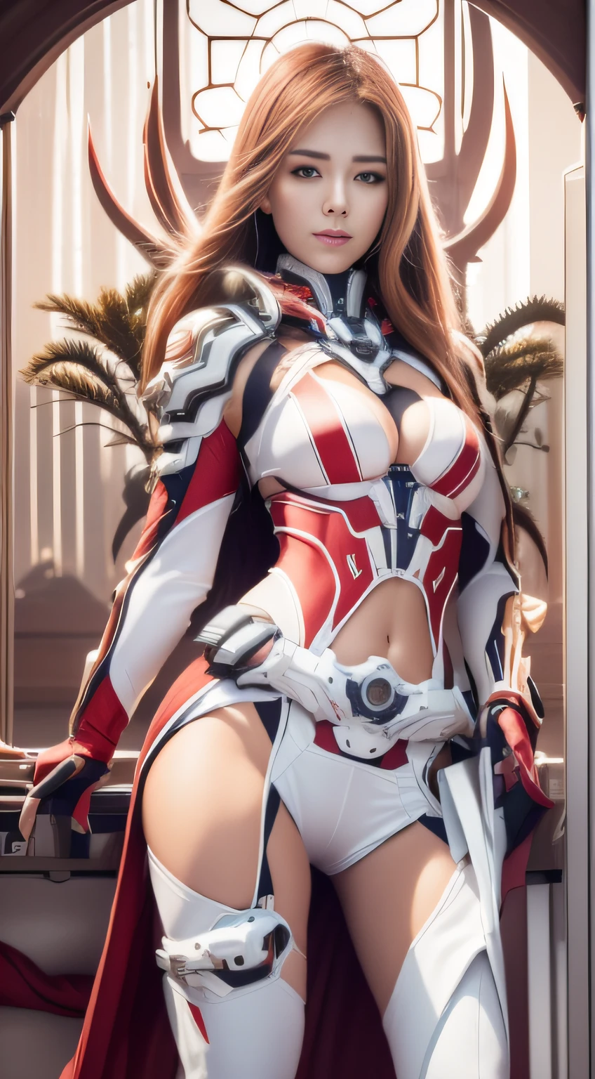 Highest image quality，Outstanding details，超高分辨率，（Fidelity：1.4）, Favor the details，closeup cleavage，dawn，Snow，winter，Demon hunter, Wizard Sword，He has a delicate and beautiful face，（（Red and white semi-mechanical body：1.8）），Raised sexy，frontage，cyber punk perssonage，Futuristic，mechanically aesthetic，Virtual Engine 5，Perfect detail rendering，rendering by octane，hyper HD
