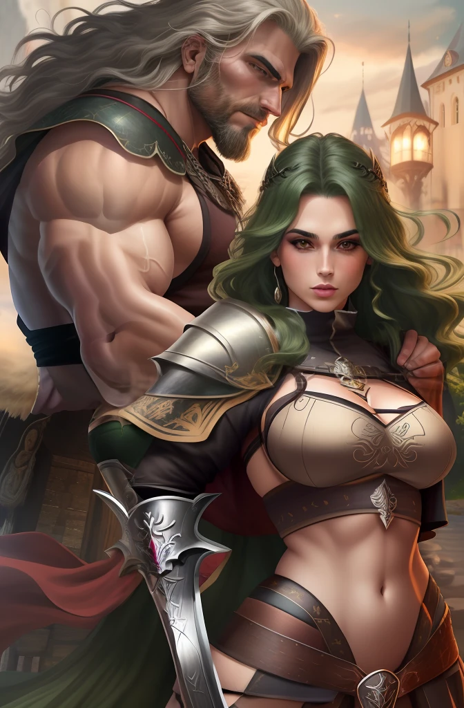 Homem e uma mulher se beijando, homem de cabelo loiro e longo, olhos azuis, peitoral gigante, corpo forte, Corpo com muita veia, armadura de viking, espada gigantesca, Mulher de cabelo curto e preto, olhos verdes, mid chest, sexy, curvas apontadas, Corpo sensual, roupa da pano, medieval setting, imagem HD, Imagem limpa, Imagem 4k, alta resolução, obra prima, manga art