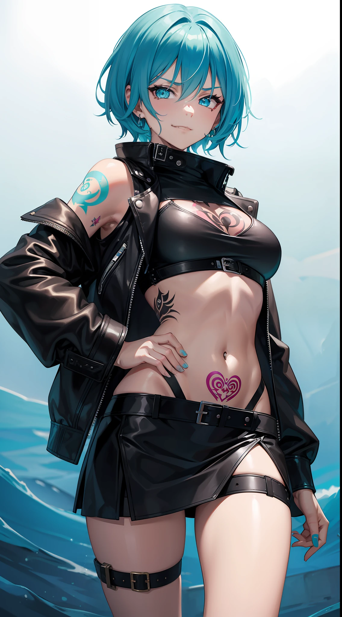 Young girl, short cyan hair, turquoise eyes, punk, scars, tattoo, smirk, open belly, open breasts, black leather jacket, black leather skirt, Masterpiece, hiquality