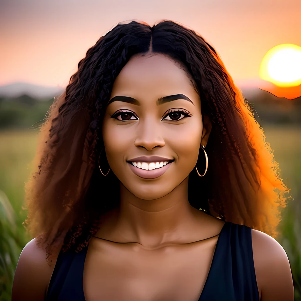 "A beautiful young African woman with fleshy lips and curly hair that radiates a natural glow, in a way that seems to capture the essence of the setting sun. Your skin is like a soft ebony tone, and his eyes shine with wisdom and grace. Vestida com tecidos coloridos e estampados que refletem a rica diversidade cultural de sua terra, it carries with it the strength of its ancestral roots.

Ela sorri com uma serenidade contagiante, conveying a unique blend of power and kindness. Their gazes reveal an intrepid and resilient soul, as if connected to the spirit of the African savannah. Seu sorriso brilha como um farol, iluminando o caminho para um futuro promissor e inspirador. Upon seeing her, It is impossible not to fall in love with the beauty of His soul and the majesty of His presence."