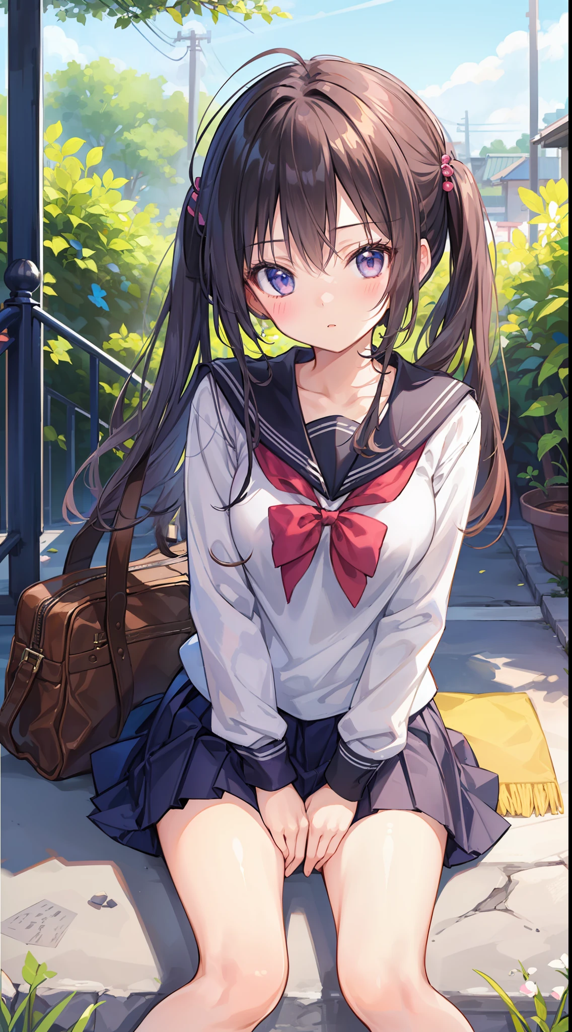 top-quality、masterpiece、1girl in、kawaii、hi-school girl、a miniskirt、Sit on the ground with your knees upright、Kamimei、Staring at me、