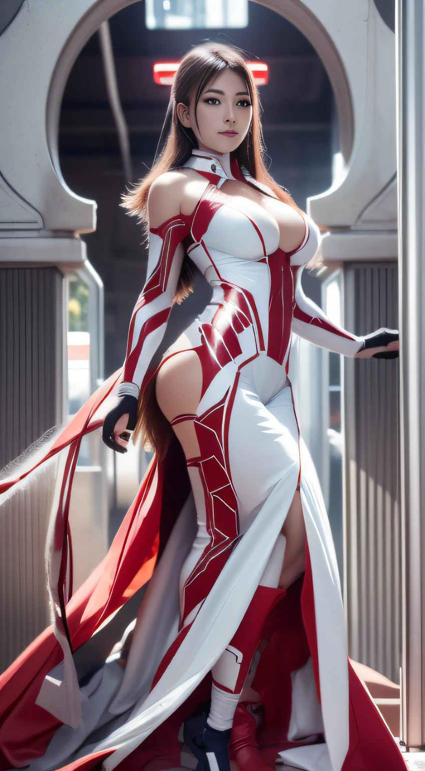 Highest image quality,Outstanding details,超高分辨率,(Fidelity:1.4), Favor the details,closeup cleavage,dawn,Snow,winter,Demon hunter, Wizard Sword,He has a delicate and beautiful face,((Red and white semi-mechanical body:1.8)),Raised sexy,frontage,cyber punk perssonage,Futuristic,mechanically aesthetic,Virtual Engine 5,Perfect detail rendering,rendering by octane,hyper HD
