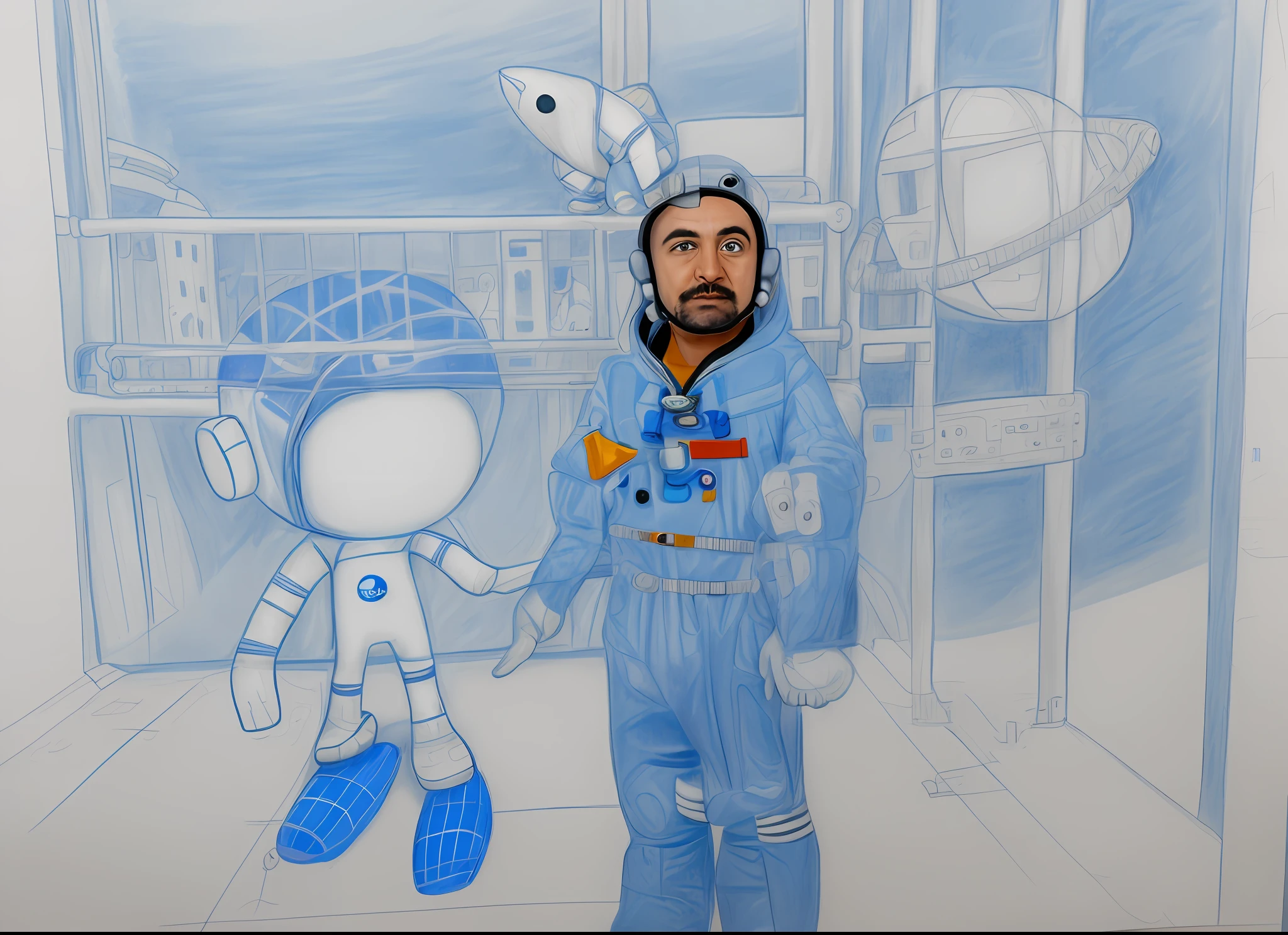 drawing of a cartoon of a man in a space suit and a penguin, small astronauts, in space, space themed, in spacesuit, space, floating in space, spacesuit, space travel, astronauts, among us character, deep space exploration!!!, cosmonaut, in the space, space theme, wears a spacesuit, spacecrafts, in outer space