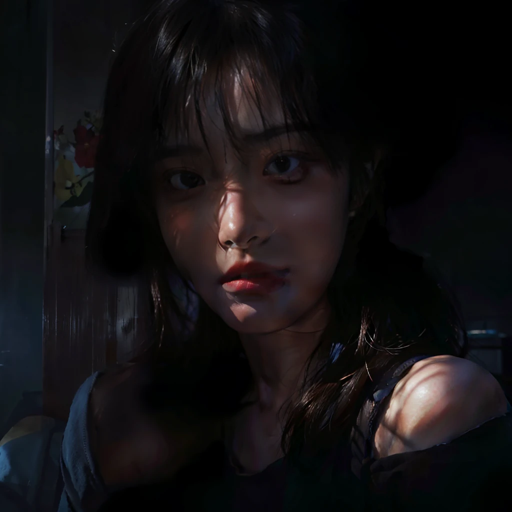 Best quality, masterpiece, super high resolution, (realistic: 1.4), original photo, 1 girl, shoulder, in the dark, deep shadow, low key, cold light