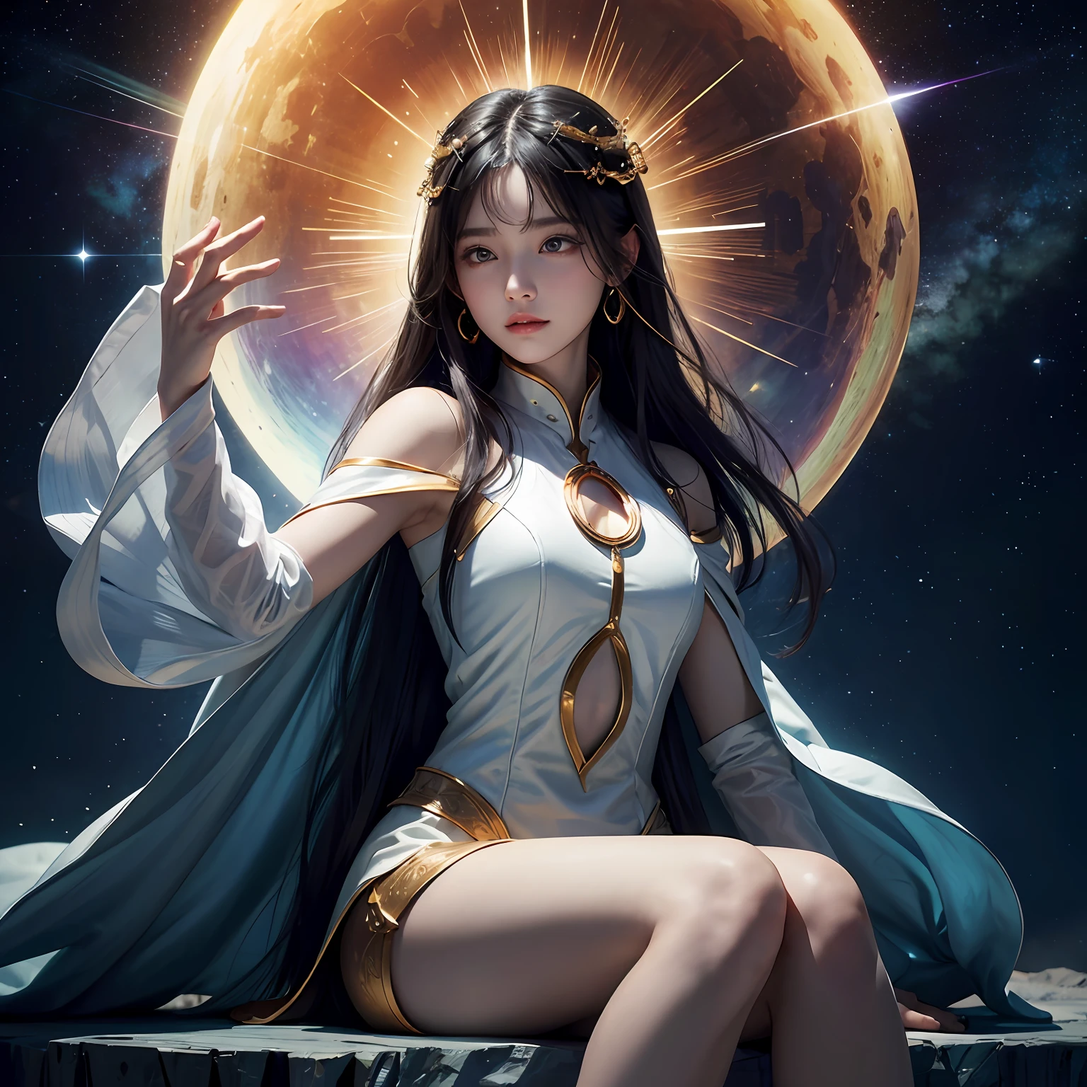 超高分辨率, best qualtiy, photore, 16k, tmasterpiece:1.3,(realisticlying: 1.2), cinmatic lighting, Woman in the shape of a mythical god。It depicts the god holding the sun and moon,((Dynamic background),radiating with light,Aura shrouded),(dynamicposes),Cast magic,Sit on the crystal),Float on the crystal in a bright white cape,Ultimate face,(afloat:1.3),cosmic starry sky,stunning detailed, 64k resolution,for an immersive and realistic visual experience。Let your work capture the essence of myth and wonder,leaving viewers in awe of its beauty and power。