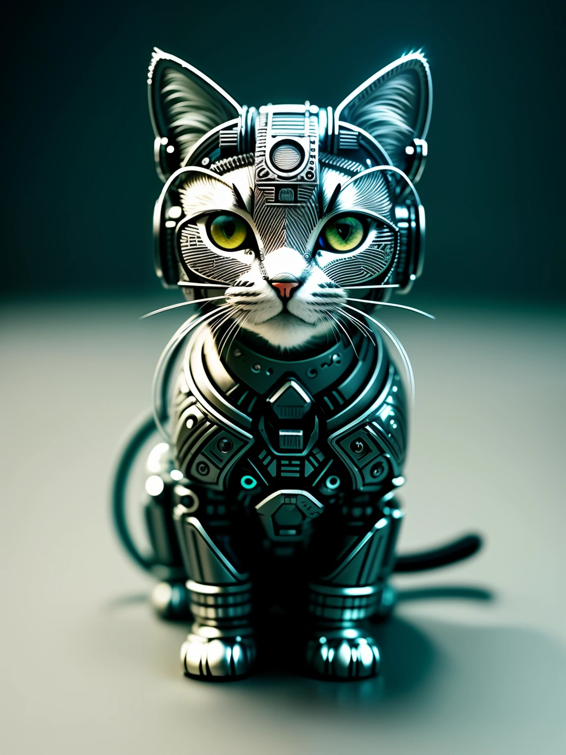 A cute kitten made of metal, (cyborg:1.1), ([tail|detailed wire]:1.3), (intricate detail), hdr, (intricate detail, hyperdetailed:1.2), cine footage, halo shadow, centered