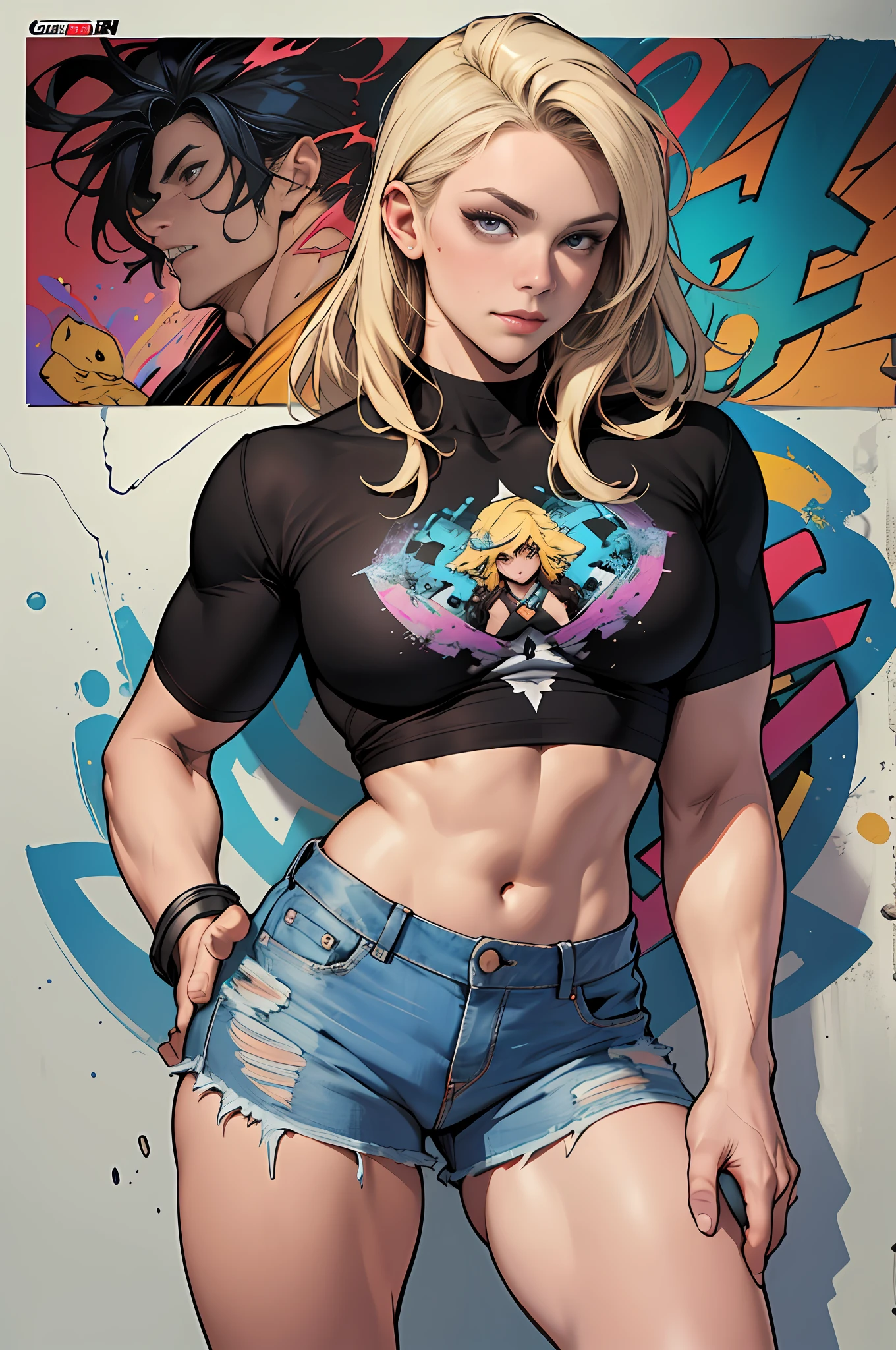 raw photo, ::comix style by marc silvestri:: beautiful woman ashley alexiss european perfect and detailed,   style ::2.0 comix illustration style,tatoon style , man model ultra detailed, (beautiful and clear background:1.2),, fantastic paintings ,graffit style, olhos altamente detalhados , a white t-shirt or tatoon stamp , blond hair, masterpiece, best quality, high quality, highres, detail enhancement, ((most beautiful image in the world)), masterpiece, best quality, high quality, highres, detail enhancement, ((most beautiful image )),with short, shiny black hair, wearing a large round-neck t-shirt, wearing jeans, five legs, like yellow sneakers, emphasizing the integrity of the human body, emphasis on the correct 5 fingers on each hand and the correct shadow, , bright image, art by stanley artgerm lau, art by kenneth rocafort, art by genzoman, art by joe madureira, art by blushyspicy, art by stjepan sejic, art by j scott campbell, art by guillem march, art by citemer liu, 4k, high resolution, comic book, comic book character, comic, high quality