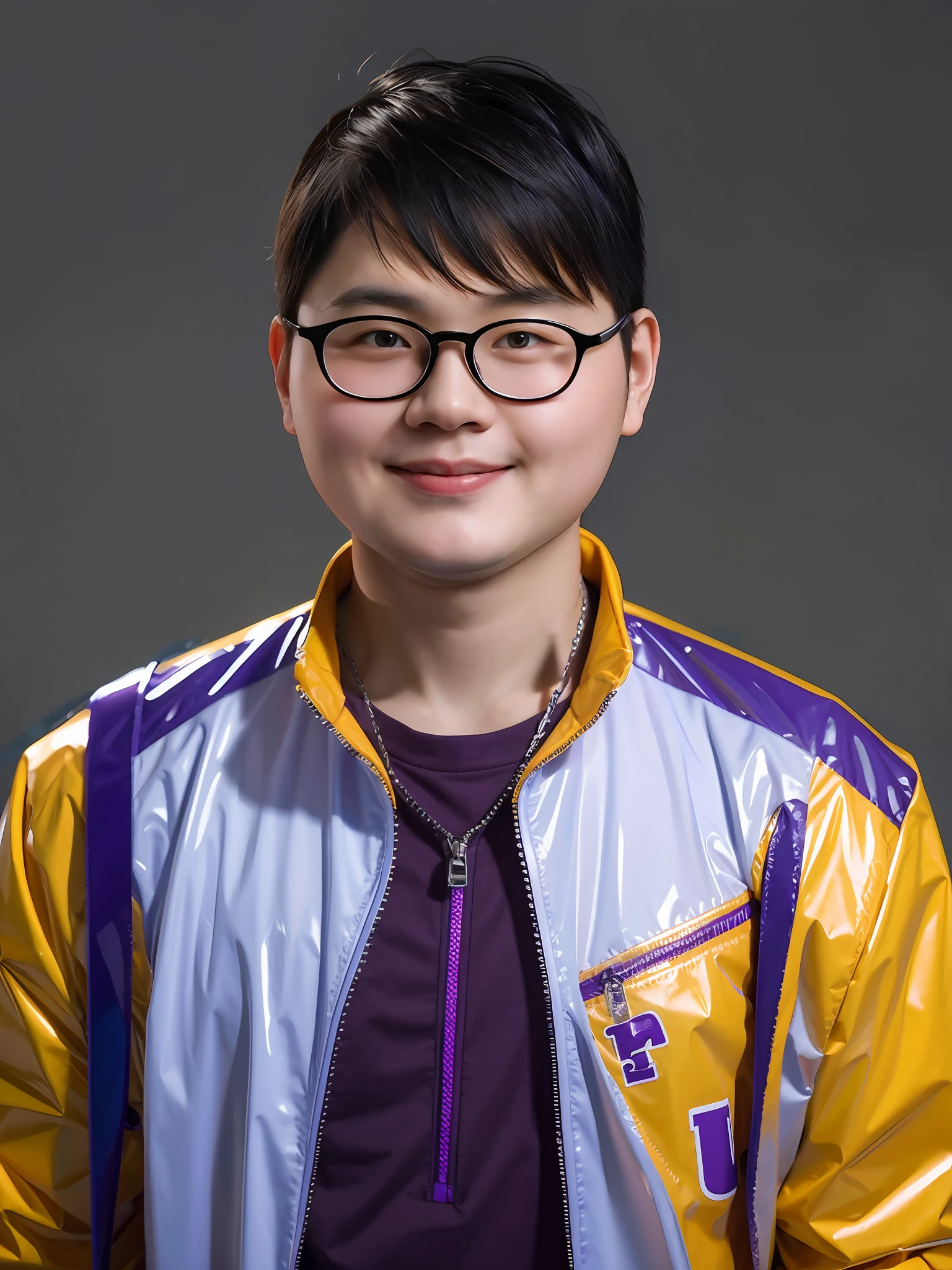 Chinese male high school student,Wear a PVC purple T-shirt,There are zippers,There is a collar