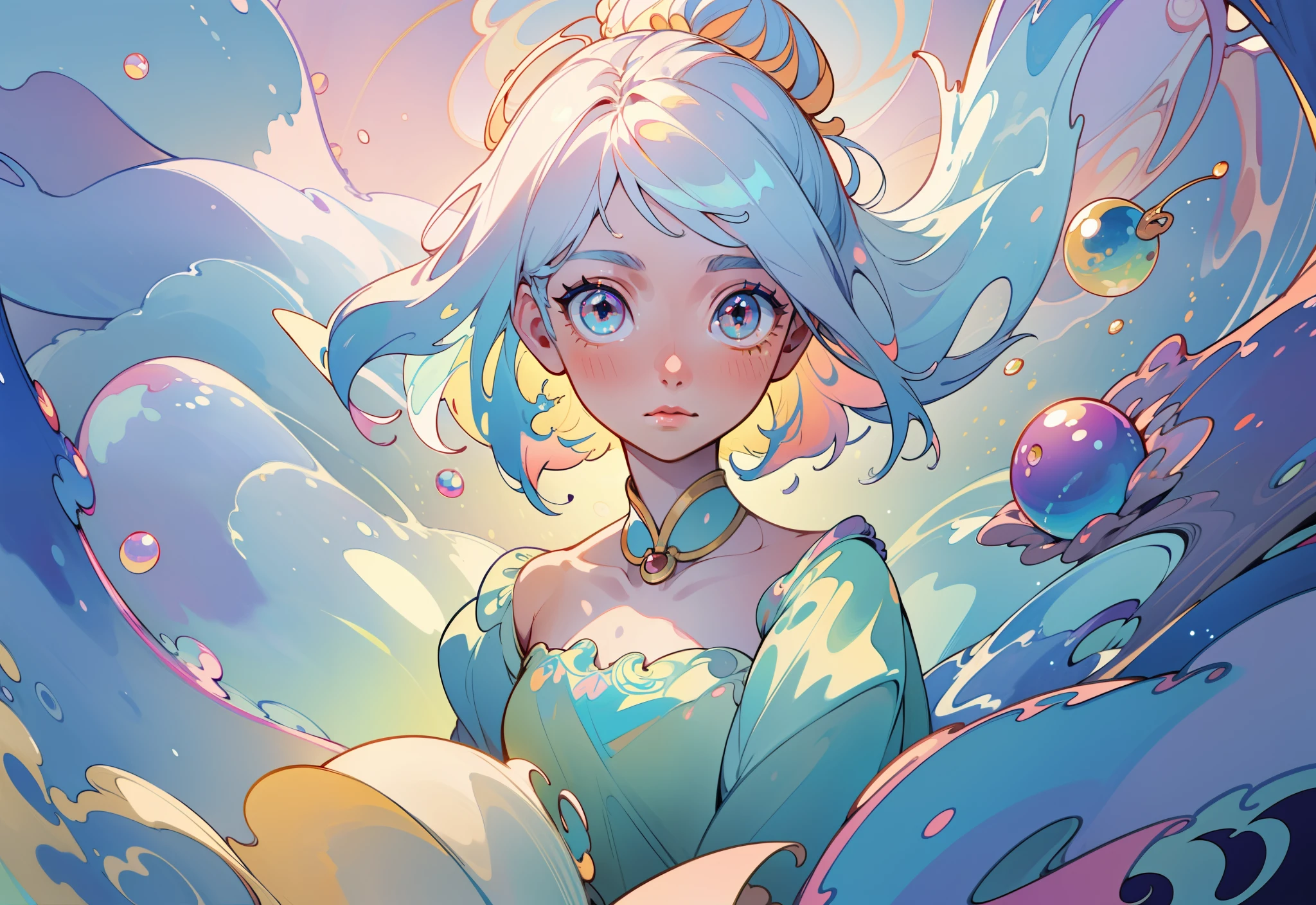 masterpiece, best quality, 8k resolution, sharp focus, intricate detail, beautiful girl, sparkling eyes, golden ratio face, otherworldly liquid, watercolor, pastel colors, bright colors, whimsical, colorful, sharp focus, high resolution, fine detail, liquid ballgown, ((round eyes))