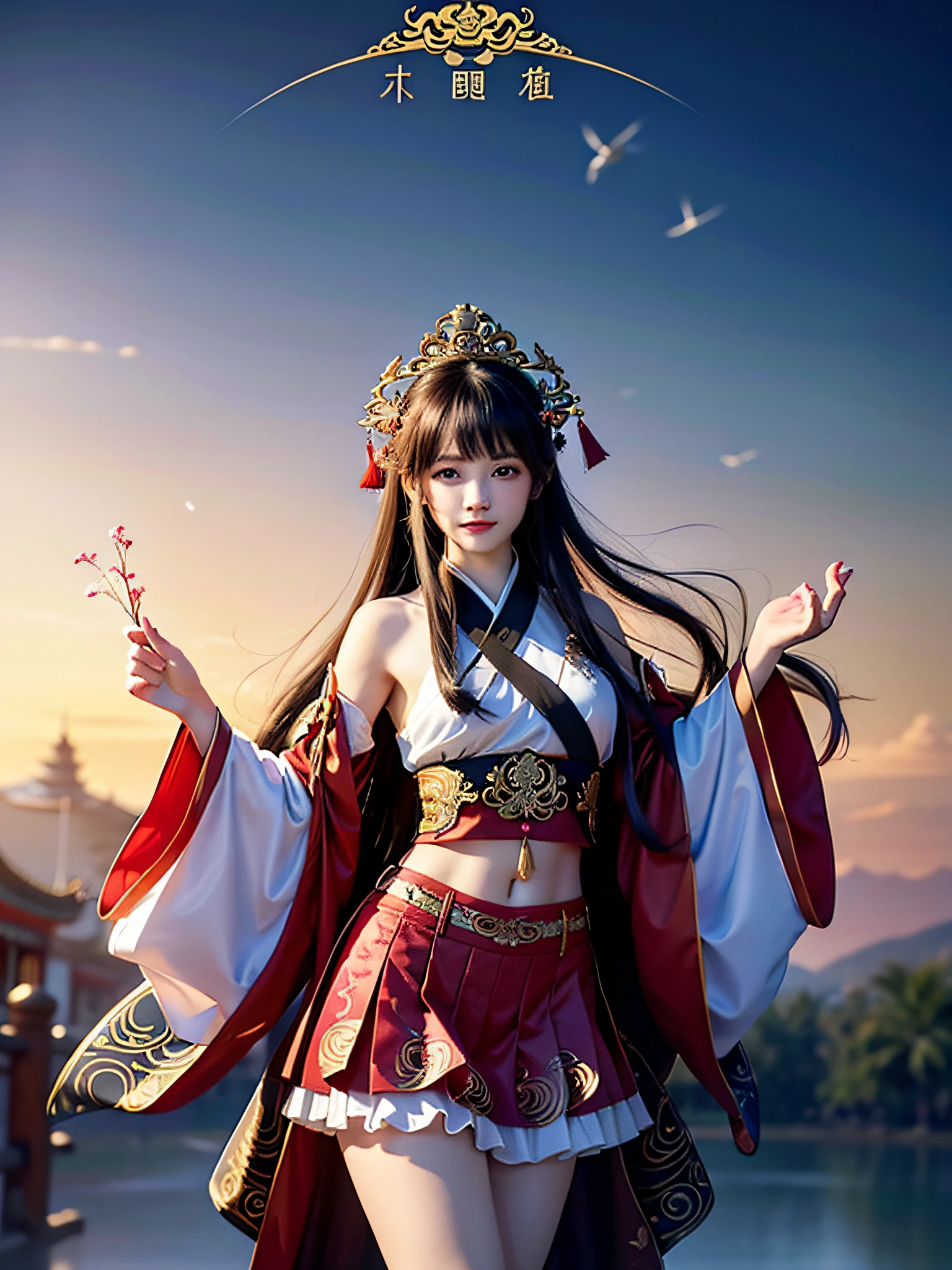 Official Art, Unified 8K Wallpapers, Ultra Detailed, Beautiful and Aesthetic, Masterpiece, Best Quality, (Zentangle, Tangle, Entangle), (fractal art: 1.4), 1girl, black hair, Chinese, bare shoulders, short skirt, calf, navel, very detailed, dynamic angle, cowboyshot, (most beautiful form chaos), flowing, (bright colors), oc, (half: 1.2), china, (thangka flying sky: 1.5), (ribbon: 1.3), (dream: 1.5), (hanfu: 1.5), Chinese dragon, Chinese phoenix, (smile: 0.5), (Chinese deity),