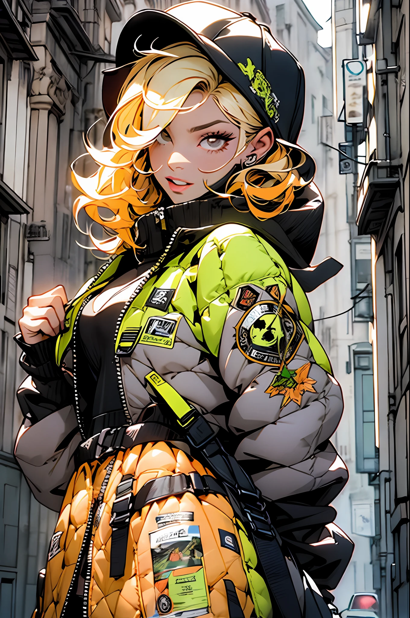 roxo: 1.5, laranja: 1.1, Branco: 1.3, amarelo: 1.3, (garota rapper com cabelo pavor), tatuagens, (roupas puffer do poder: 1.2), flor, folhas, mistborn, linhas, background circles, clothing
