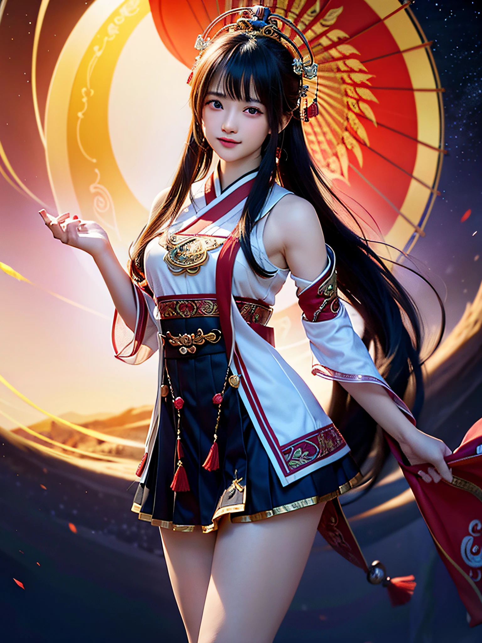 Official Art, Unified 8K Wallpapers, Ultra Detailed, Beautiful and Aesthetic, Masterpiece, Best Quality, (Zentangle, Tangle, Entangle), (fractal art: 1.4), 1girl, black hair, Chinese, bare shoulders, short skirt, calf, navel, very detailed, dynamic angle, cowboyshot, (most beautiful form chaos), flowing, (bright colors), oc, (half: 1.2), china, (thangka flying sky: 1.5), (ribbon: 1.3), (dream: 1.5), (hanfu: 1.5), Chinese dragon, Chinese phoenix, (smile: 0.5), (Chinese deity),