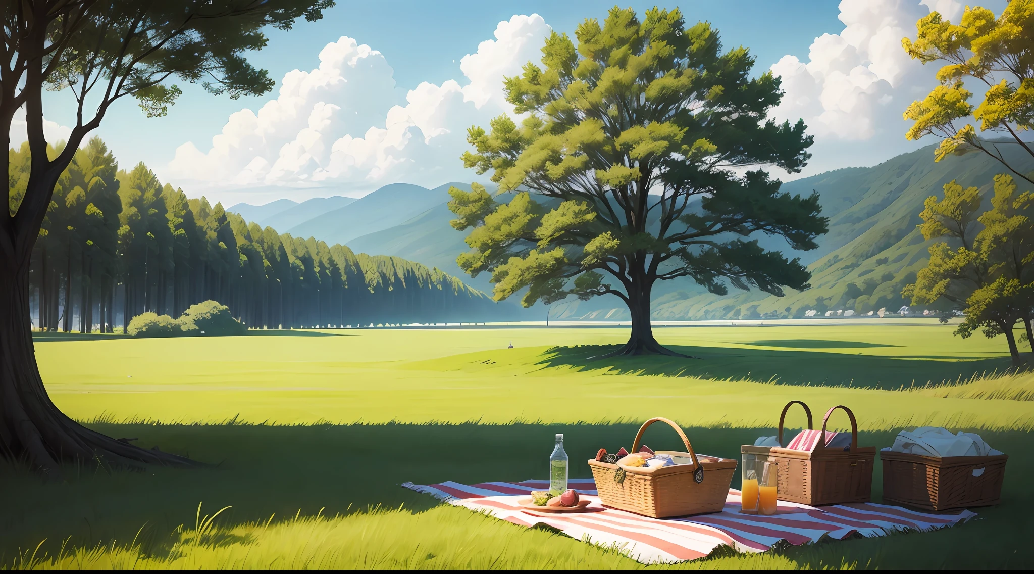 Picnic scene,grassy fields,Noyaku