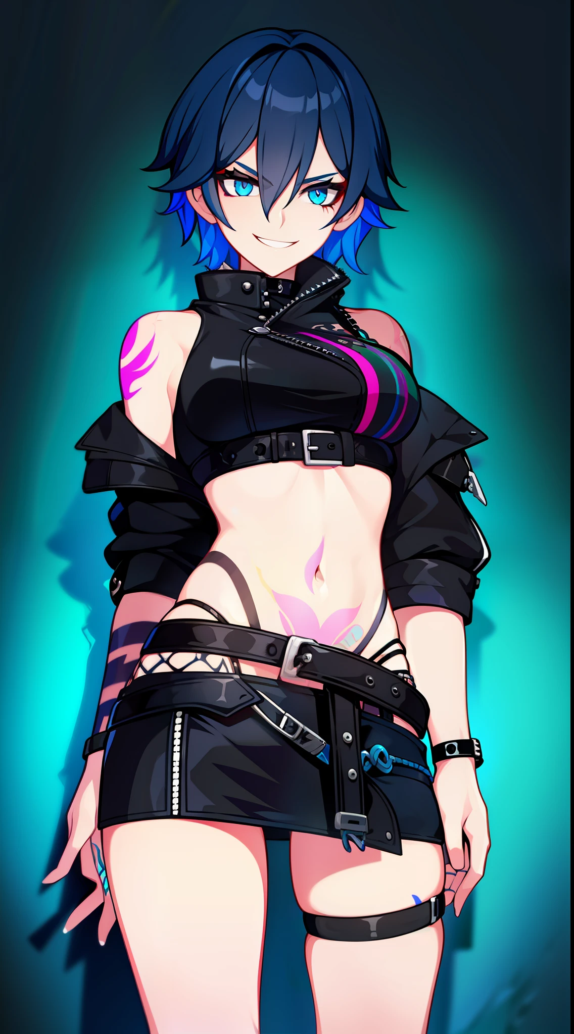 young girl, Short blue hair, turquoise eyes, punk, Scars, tattoo, smirk, open belly, open breasts, black leather jacket, Black leather skirt, Masterpiece, hiquality