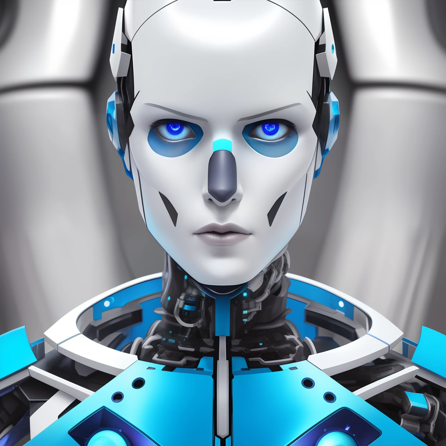 A closeup of a robot with blue eyes and a metal body, portrait of a futuristic robot, Retrato do humanoide masculino, Retrato em close-up de Ciborgue, Face detalhada de um androide, Retrato detalhado de um ciborgue, Retrato de Ciborgue, robot with human face, humanoid robot close up, Retrato de um androide feminino, Retrato de um androide, Retrato do androide feminino