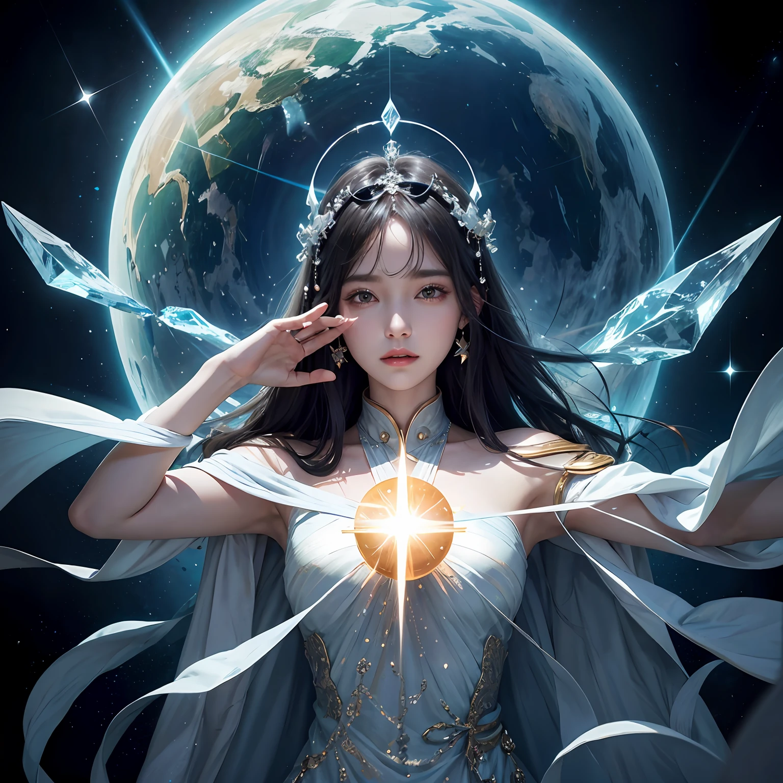 超高分辨率， best qualtiy， photore， 16k， tmasterpiece:1.3，（realisticlying： 1.2）， cinmatic lighting， Woman in the shape of a mythical god。It depicts the god holding the sun and moon，（（Dynamic background），radiating with light，Aura shrouded），（dynamicposes），Cast magic，Sit on the crystal），Float on the crystal in a bright white cape，Ultimate face，（afloat：1.3），cosmic starry sky，stunning detailed， 64k resolution，for an immersive and realistic visual experience。Let your work capture the essence of myth and wonder，leaving viewers in awe of its beauty and power。