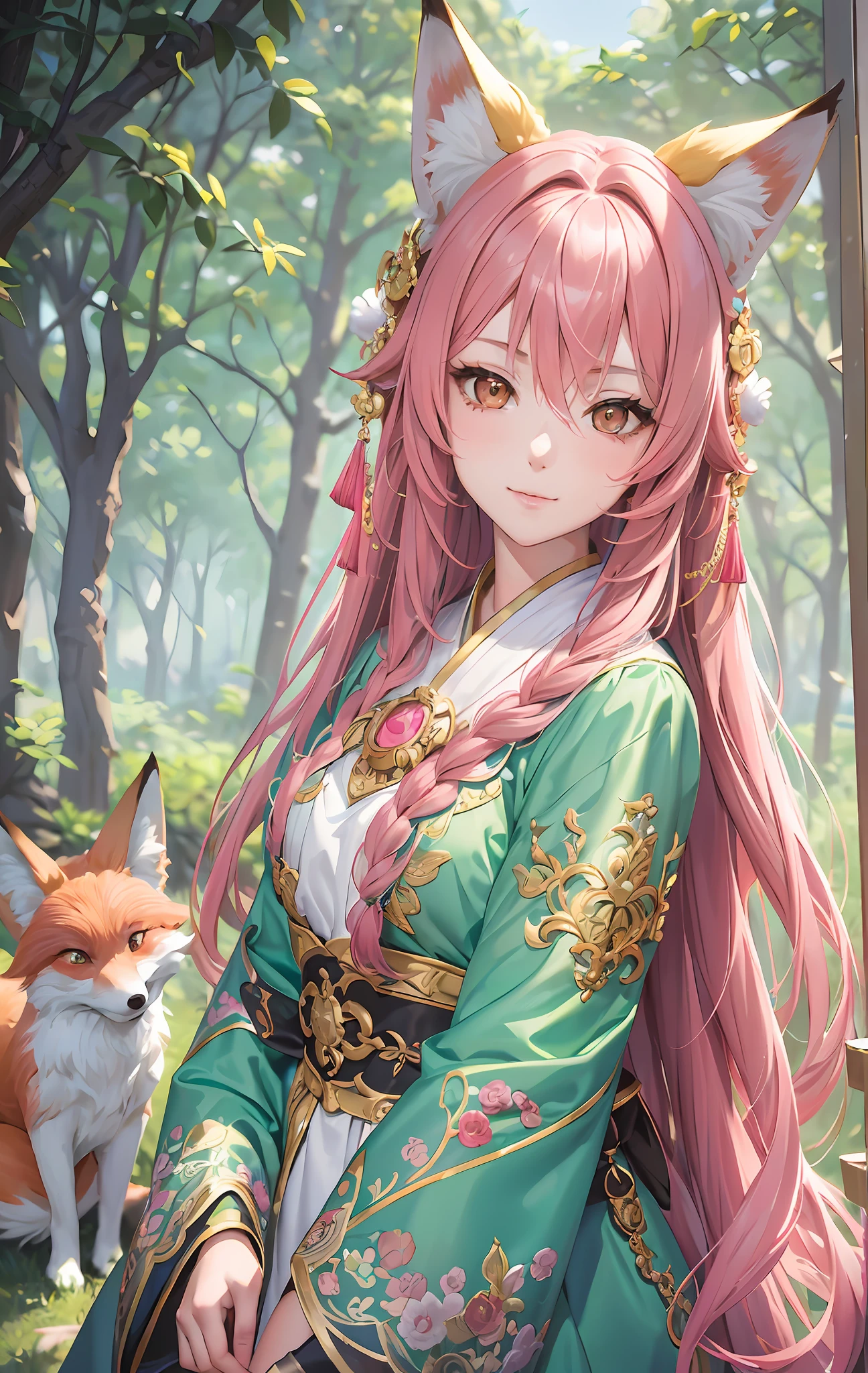 (Masterpiece:1.2, Best quality), (Very detailed face, Intricate details),Casual,,one-girl,Pink hair,a fox,Girl with fox ears,Cyan clothes,Raised sexy,depth of fields,film effect,llight rays