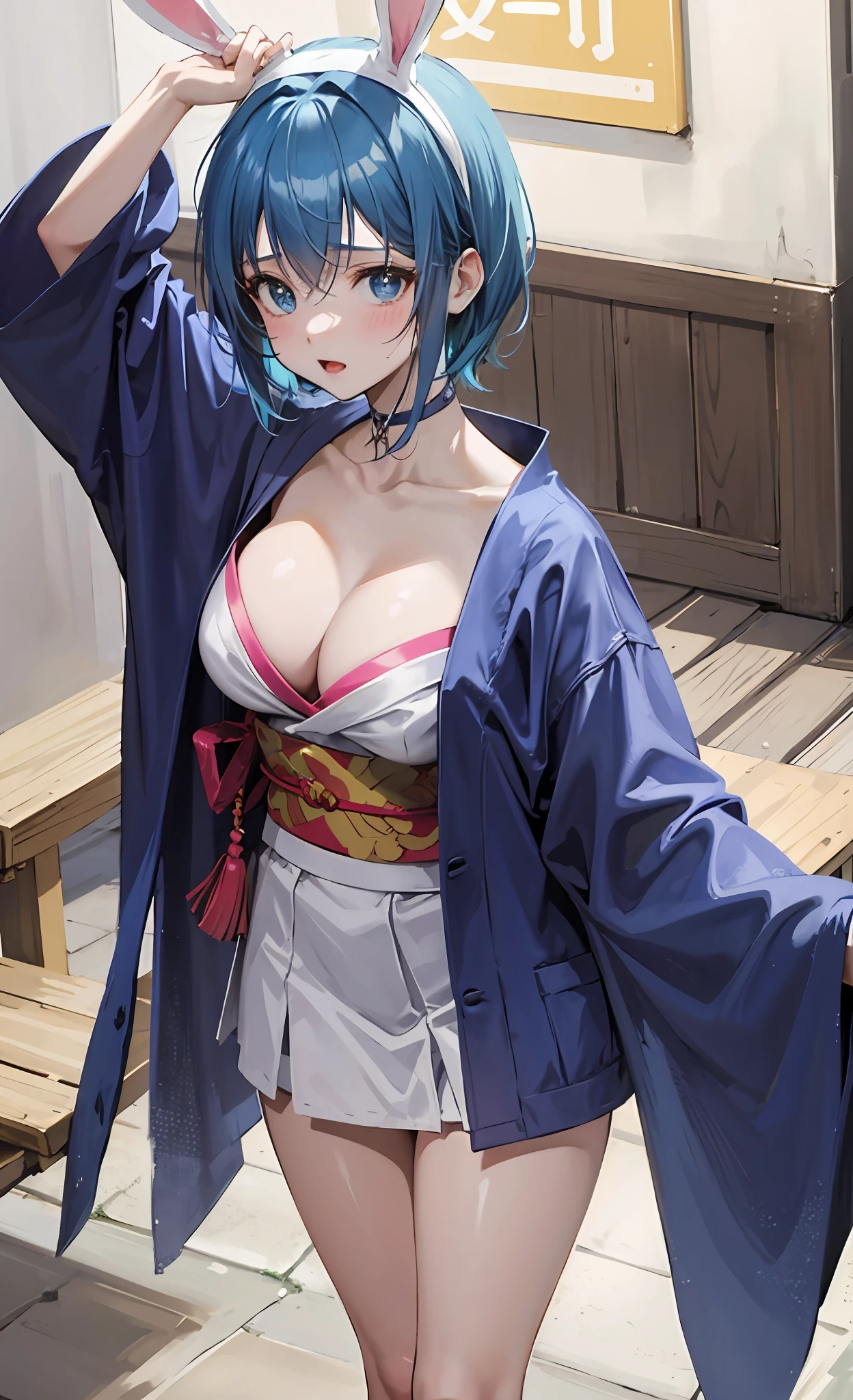 Anime gril, , bunny girl, wear glasess, short hair, hair colour blue, wear haori colour blue, sexy girl, shirt colour blue