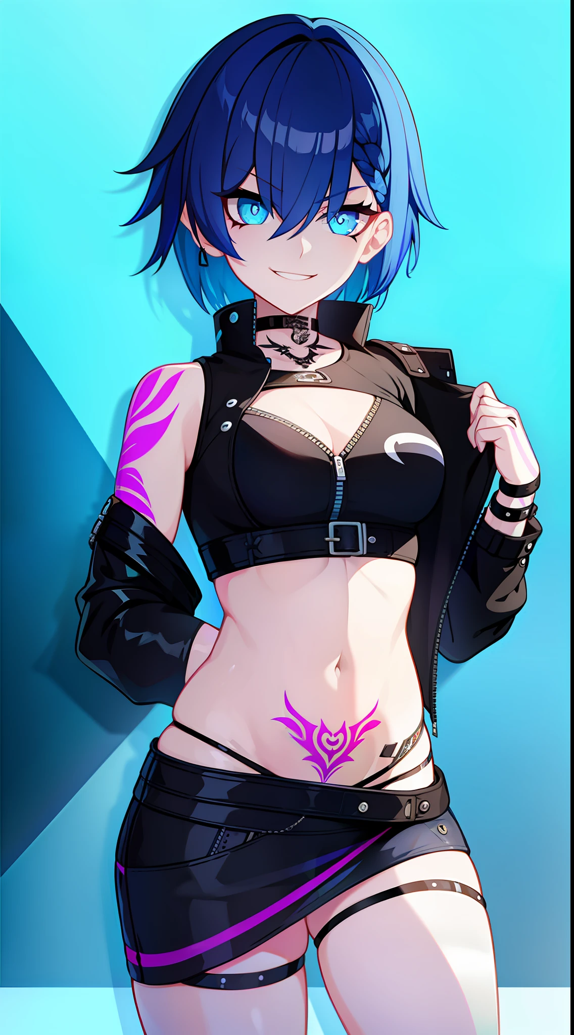 young girl, Short blue hair, turquoise eyes, punk, Scars, tattoo, smirk, open belly, open breasts, black leather jacket, Black leather skirt, Masterpiece, hiquality