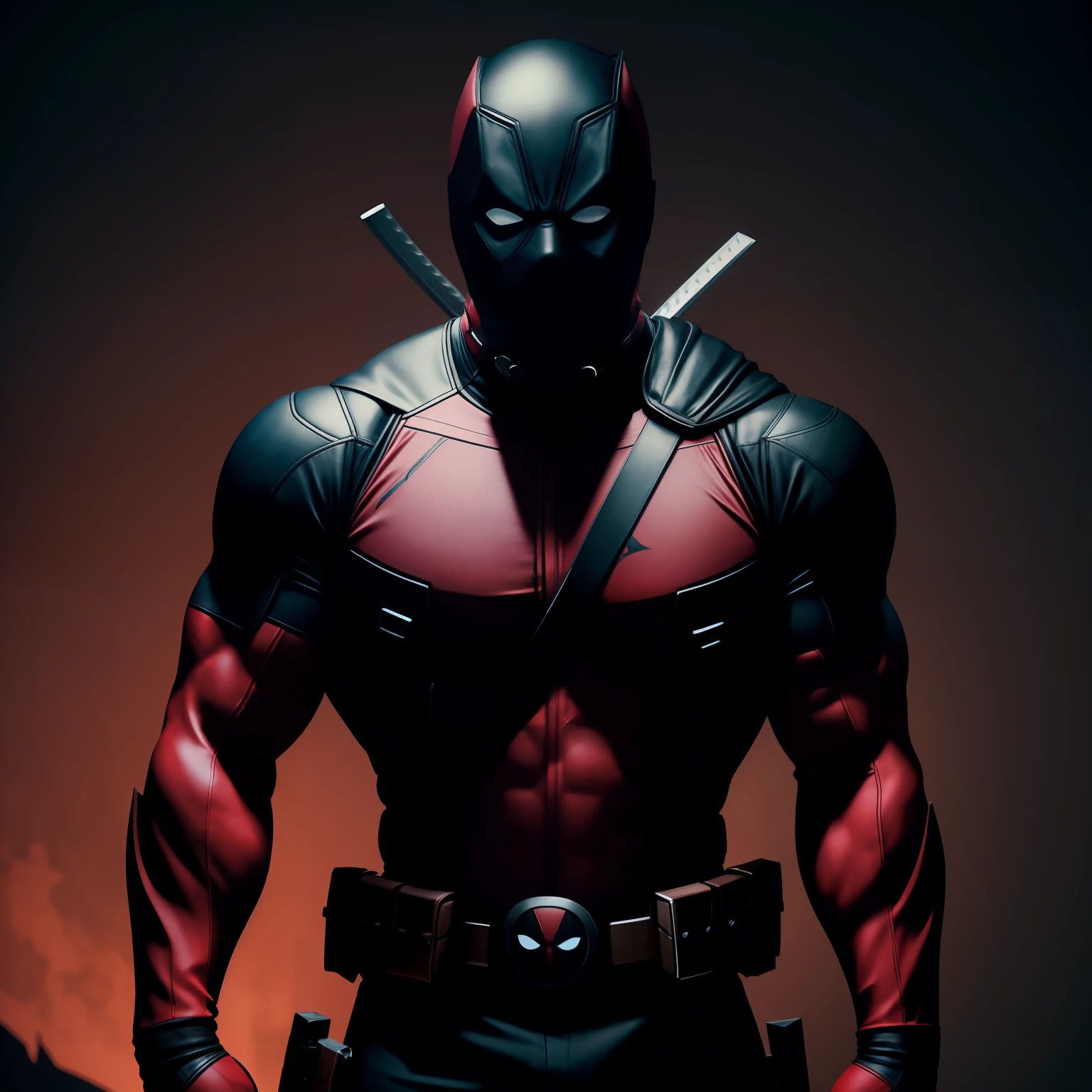 Deadpool, muscular, lean physique, black and red suit, tight spandex suit, spandex black and red mask, ((no ears)), ((2 katanas hanging behind the back)), straps on his chest, pistols on the waist, high resolution, ultra detailed octane render, cinematic lighting, shadings, 8k, trending, center focus, factory.