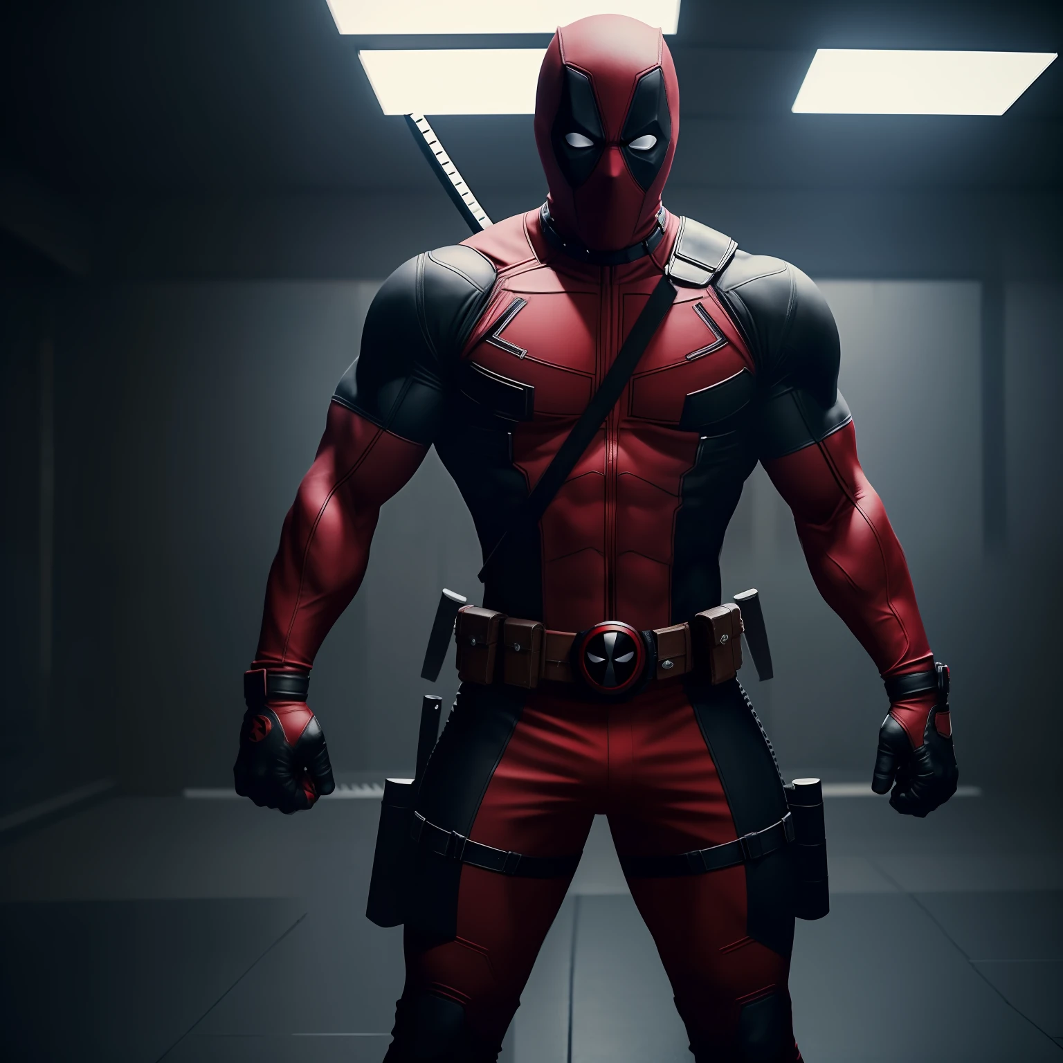 Deadpool, muscular, lean physique, black and red suit, tight spandex suit, spandex black and red mask, ((no ears)), ((2 katanas hanging behind the back)), straps on his chest, pistols on the waist, high resolution, ultra detailed octane render, cinematic lighting, shadings, 8k, trending, center focus, factory.