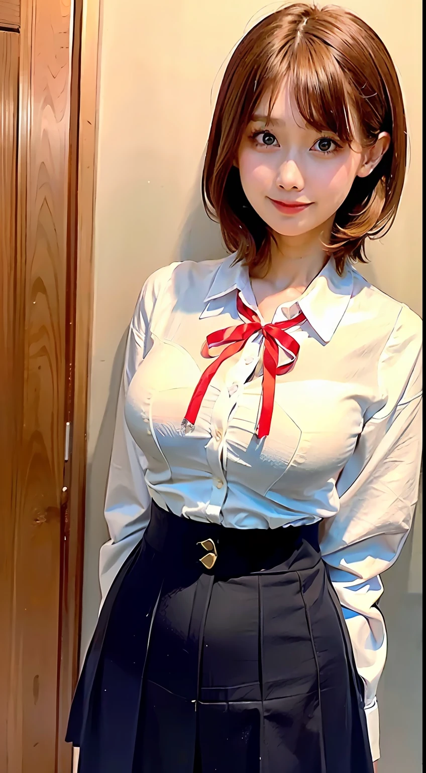 ulzzang -6500-v1.1, (Raw foto:1.2), (Photorealsitic:1.4), a beautiful detailed girl, extremely detailed eye and face, beatiful detailed eyes, hight resolution, ighly detailed, top-quality, [​masterpiece:1.6], [JK school uniform:1.9], illustratio, finely detail,Cinematographic lighting, 1girl in、17 age、(Cute Japan high school girl:1.5)、perfect body type、[Wearing a white uniform blouse with open buttons、On the way to take off the uniform:1.7]、[ultra gigantic tits:1.6]、White School Blouse、short cut hair、Sweating and getting wet、[sexual excitement:1.4]、(on the beds、laying on back)、Raise both hands、(Uniform Ribbon Tie)、bra very