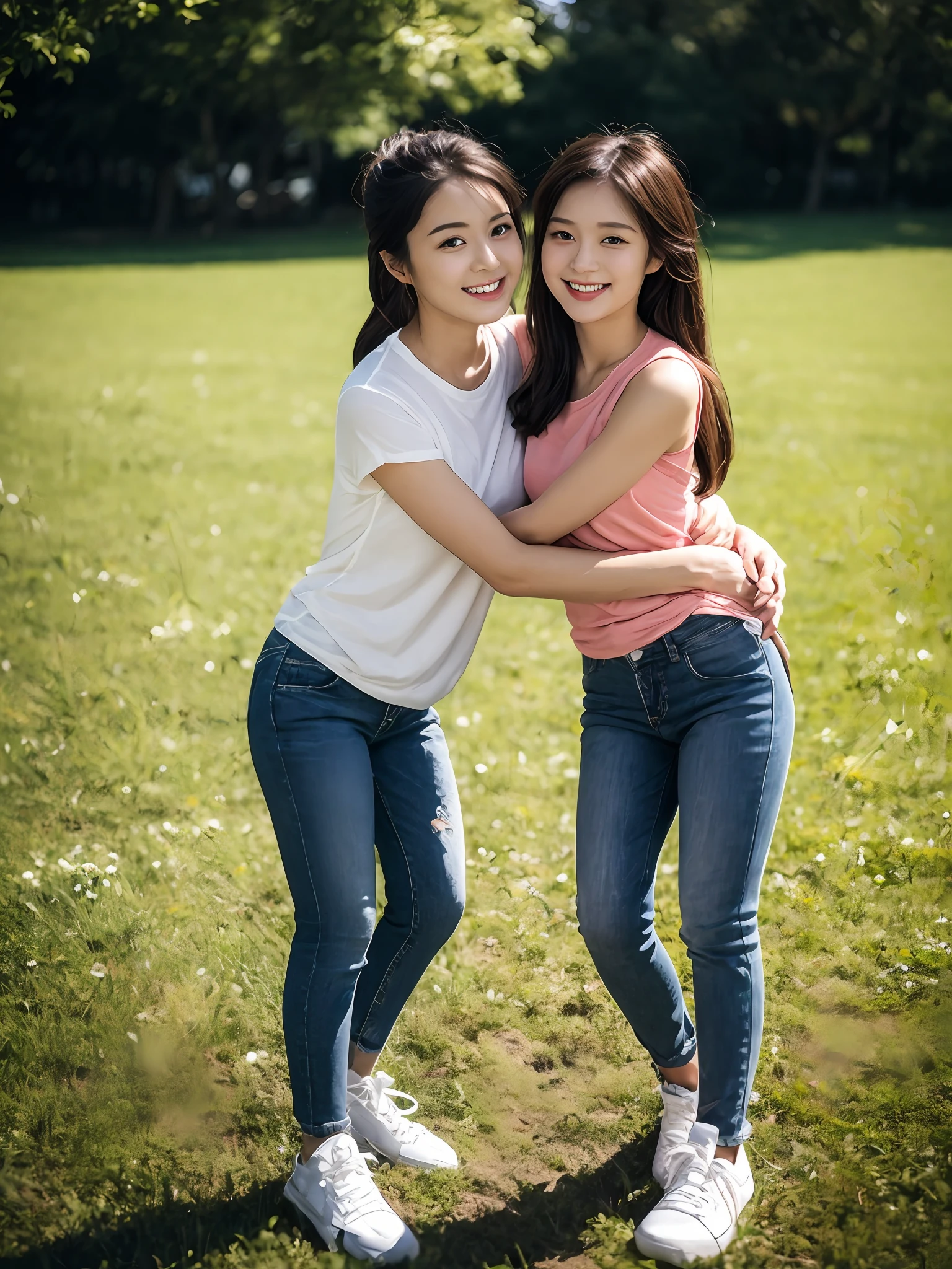 （超高分辨率，RAW photogr，realisticlying，tmasterpiece，best qualtiy：1.4），Complicated details，3个女孩，3 20 year old Korean girl，Wear a loose black T-shirt and skinny jeans，Stand on the grass and take pictures，hugs，Intimate relationships，Detailed meadow，A sweet smile on a small face，Ultra-realistic facial details，The face and skin are pink and white, and luminous，Playful and coquettish pose，The calves are straight and slender:1.2，Wear high-end brand sneakers:1.0，eventide：0.3，Broad lighting，naturalshadow：1.0，超高分辨率，taking a full body photo:1.8 --auto