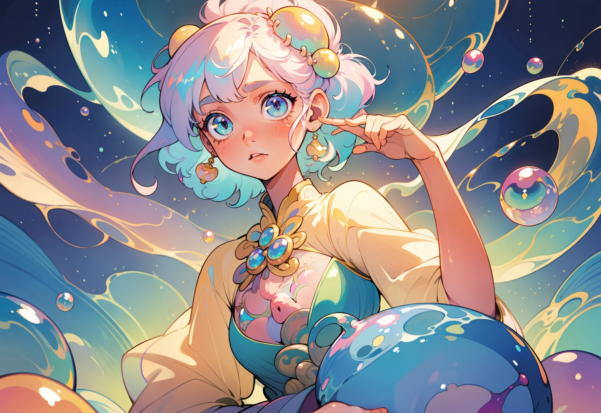 masterpiece, best quality, 8k resolution, sharp focus, intricate detail, beautiful girl, sparkling eyes, golden ratio face, otherworldly liquid, watercolor, pastel colors, bright colors, whimsical, colorful, sharp focus, high resolution, fine detail, liquid ballgown, ((round eyes)), iridescent bubbles