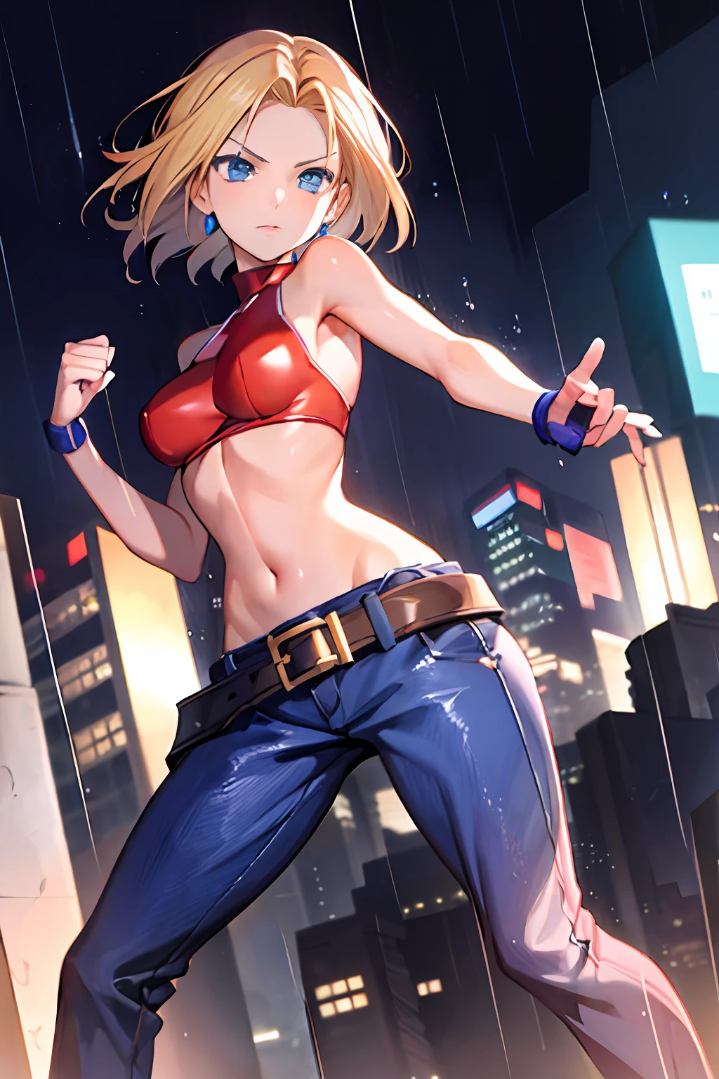 maryms, Best Quality, (beauty), masterpiece, 1 girl, physically based rendering, ultra high resolution, narrow waist, skinny, big eyes, long legs, (small breasts), puffy eyes, night, (rainy city) , shiny skin, facing viewer, fighting stance, (clench fist), firm expression,