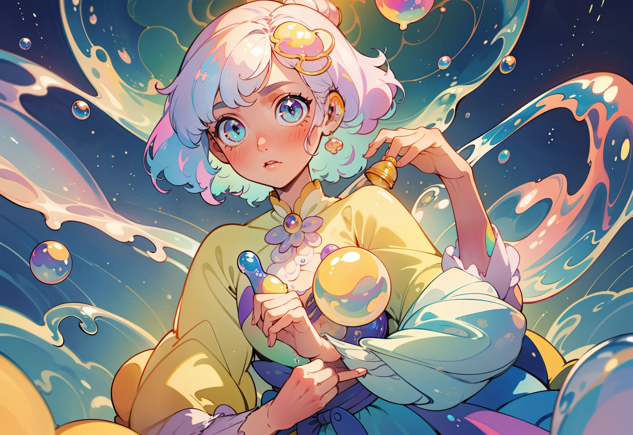 masterpiece, best quality, 8k resolution, sharp focus, intricate detail, beautiful girl, sparkling eyes, golden ratio face, otherworldly liquid, watercolor, pastel colors, bright colors, whimsical, colorful, sharp focus, high resolution, fine detail, liquid ballgown, ((round eyes)), iridescent bubbles