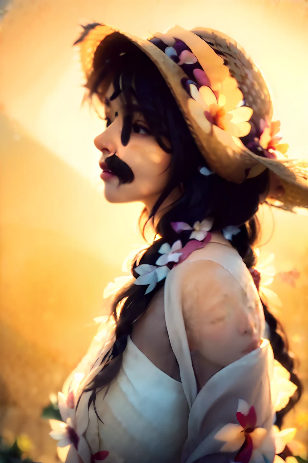 (extreme close up:1.5), (face focus:2),(Style of ???? ???:1.5),
((side face:2)),(1girl surrounded by soft_light:1.5), (backlighting:1.8), (lighting),(flowing fabric:1.3), ((Floral_summer_dress:1.5),(Straw_hat:1.3)),
(masterpiece), realistic, HDR, highly detailed, 8k, raw photo,
ambient occlusion, natural, harmonious composition, warm tones, fine art photography,
