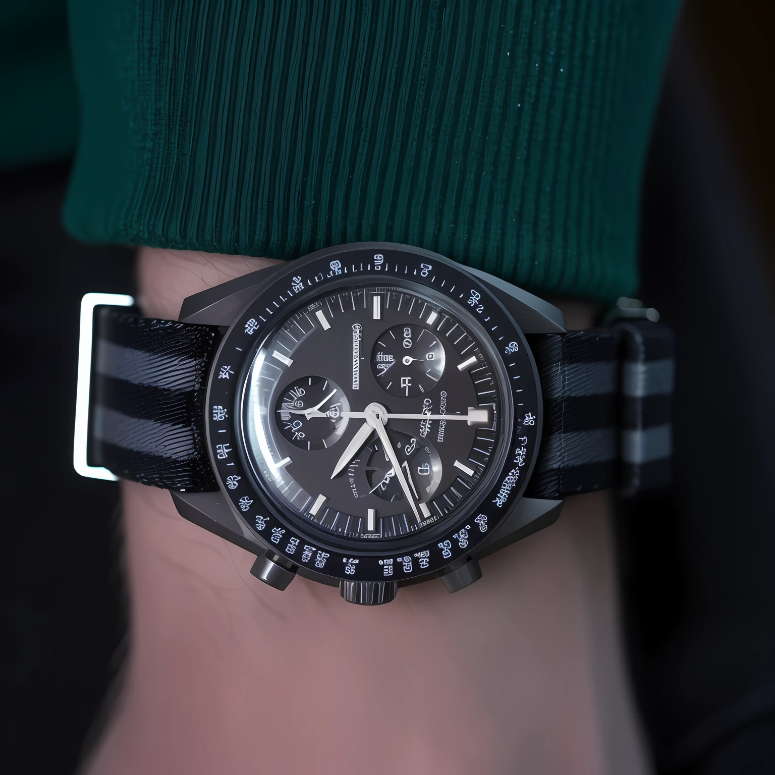 Close-up of the wrist，There is a watch on it, Close-up Shot Shot, Straps, medium close up shot, Wearing a watch, omega, close - up shot, Close-up shot, detailed close up shot, detail shots, medium close up shot, close up portrait shot, black and grey, highly detailed shot, Perfect detail, environmental shot, close up high detailed
