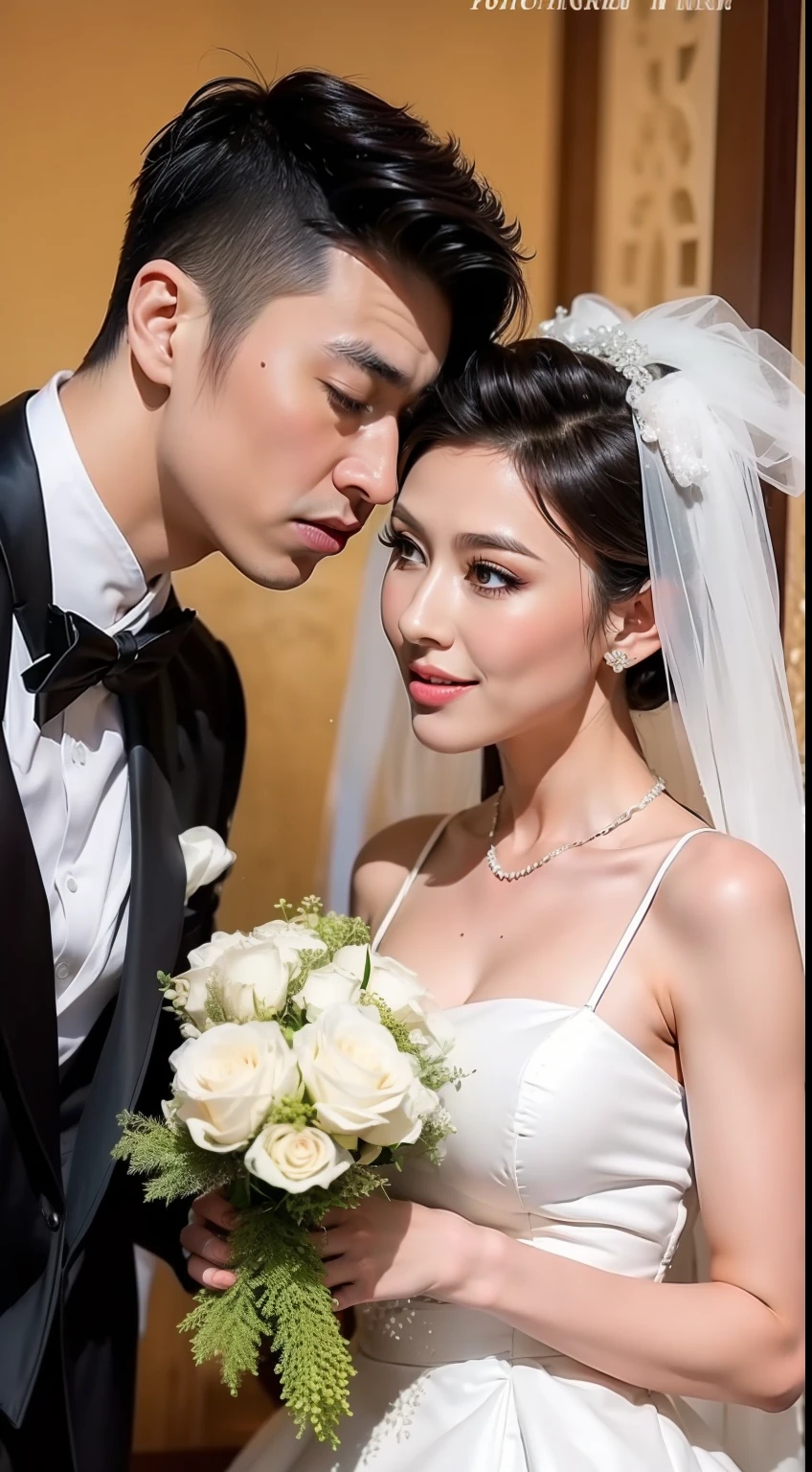 Fashion model 25 years old [[[[closeup cleavage]]]], [[[[boobgasm]]]], [[[[coll]]]], [[[[bshoulders]]]], perfect  eyes, Perfect iris，perfect lips，perfect teeth，Perfect skin，Soft front light，HDR，A couple，wedding gown，Masculine man in suit，Gentle lady wearing wedding dress；（pastel colour：1.2）