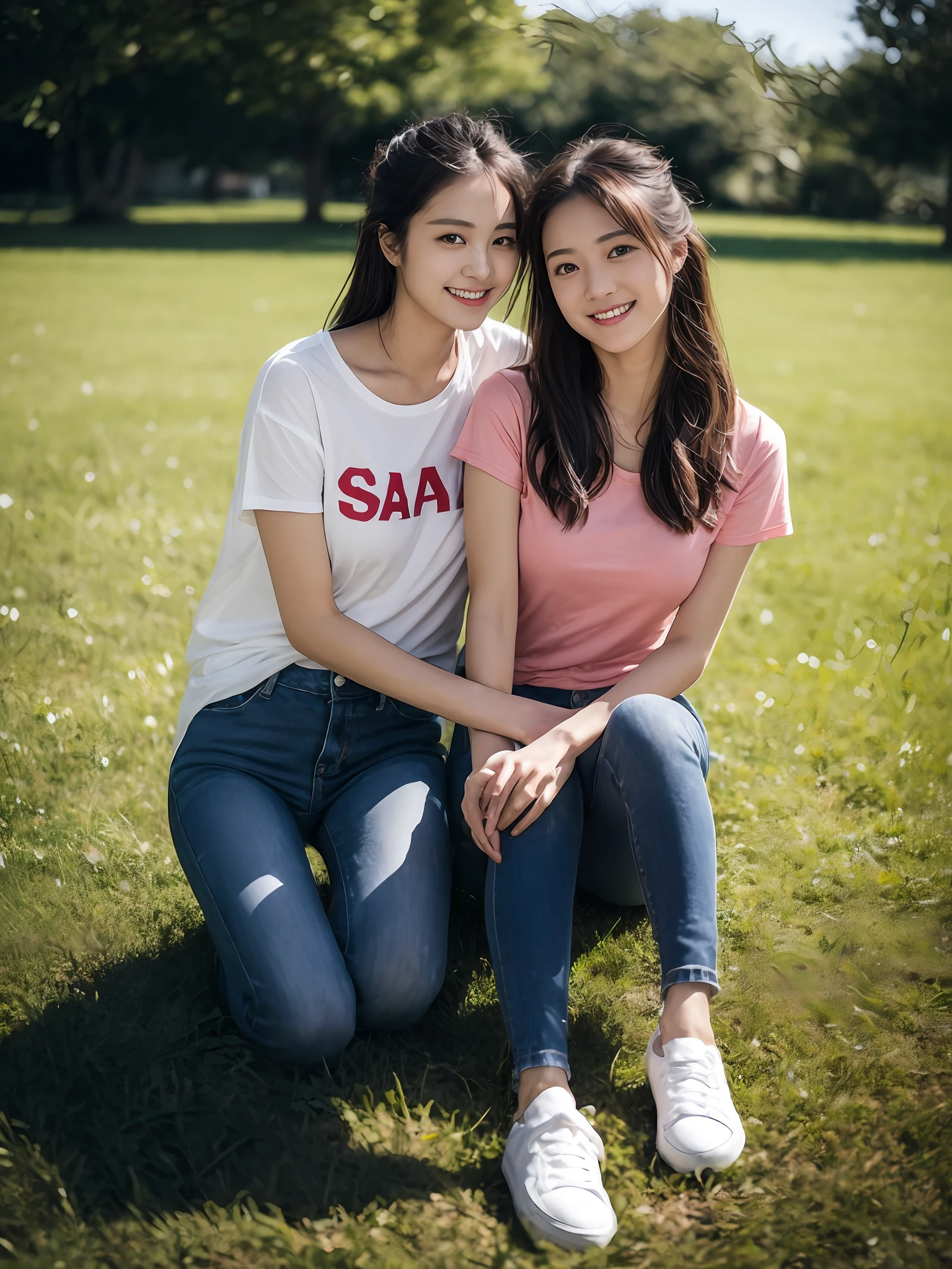 （超高分辨率，RAW photogr，realisticlying，tmasterpiece，best qualtiy：1.4），Complicated details，3个女孩，3 20 year old Korean girl，Wear a loose black T-shirt and skinny jeans，Stand on the grass and take pictures，hugs，Intimate relationships，Detailed meadow，A sweet smile on a small face，Ultra-realistic facial details，The face and skin are pink and white, and luminous，Playful and coquettish pose，The calves are straight and slender:1.2，Wear high-end brand sneakers:1.0，eventide：0.3，Broad lighting，naturalshadow：1.0，超高分辨率，taking a full body photo:1.8 --auto