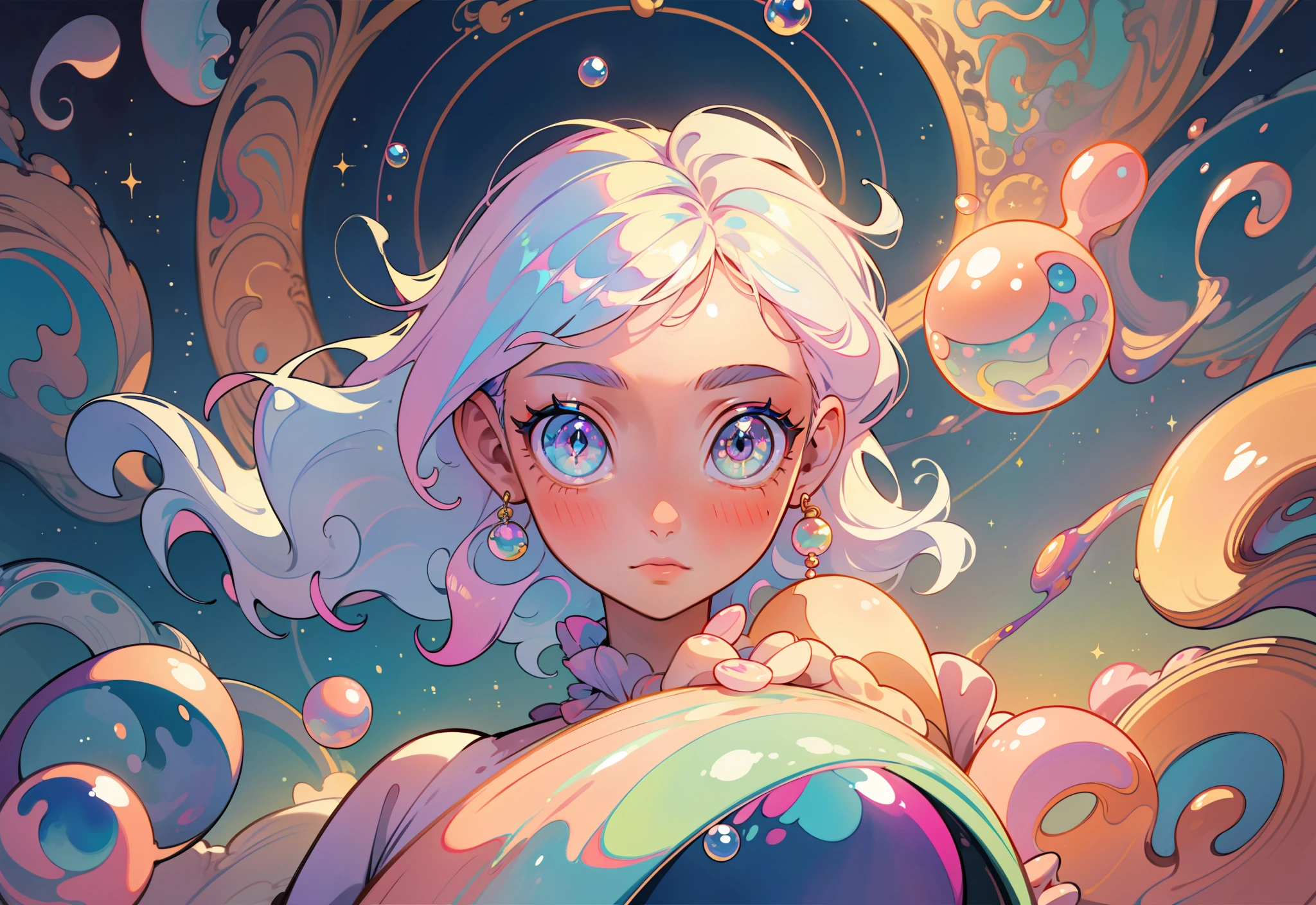 masterpiece, best quality, 8k resolution, sharp focus, intricate detail, beautiful girl, sparkling eyes, golden ratio face, otherworldly liquid, watercolor, pastel colors, bright colors, whimsical, colorful, sharp focus, high resolution, fine detail, liquid ballgown, ((round eyes)), iridescent bubbles