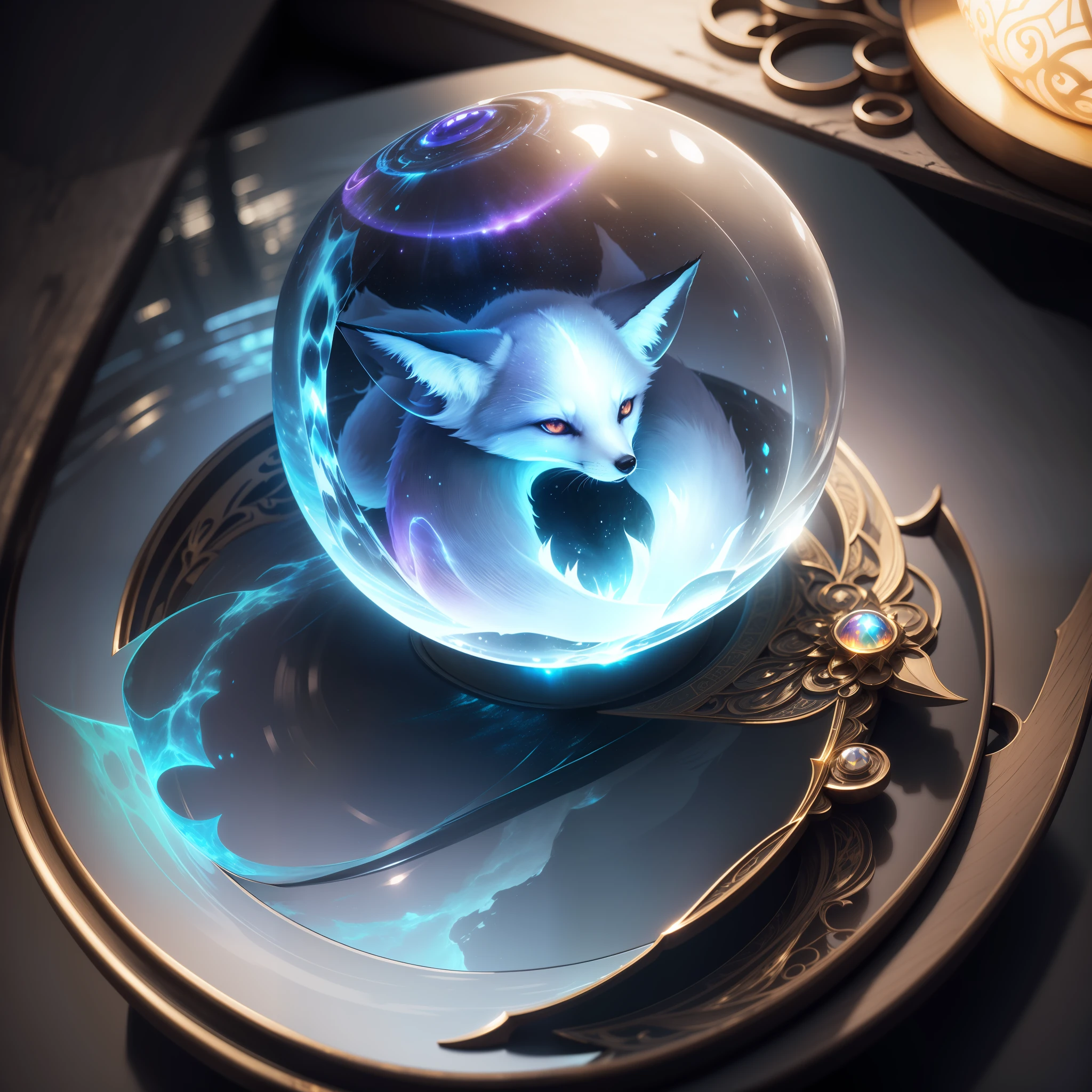 large prism orb in pale light fox face with holography and ethereal fantasy style, lake, reflection, splash art, dark light, extremely detail, very detailed delicate skin, maximum resolution, greatest masterpiece, extremely beautiful illustration.