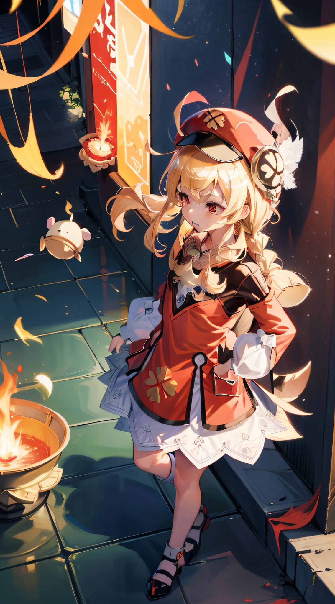 （8K，best qualtiy，tmasterpiece），Hyper-detailing，（highdetailskin），Birds in front of hats and wreaths, Loli, maplestory mouse, Splash art anime Loli, bit girl, Red translucent eyes，Golden hair，Two small braids，Height 1.2m，Red clothes，Red Hat，small curvaceous loli, Pisif, zerochan art, Edelgard de Fire Emblem, from touhou, shirabii, shikishi, Official artwork, alchemist girl