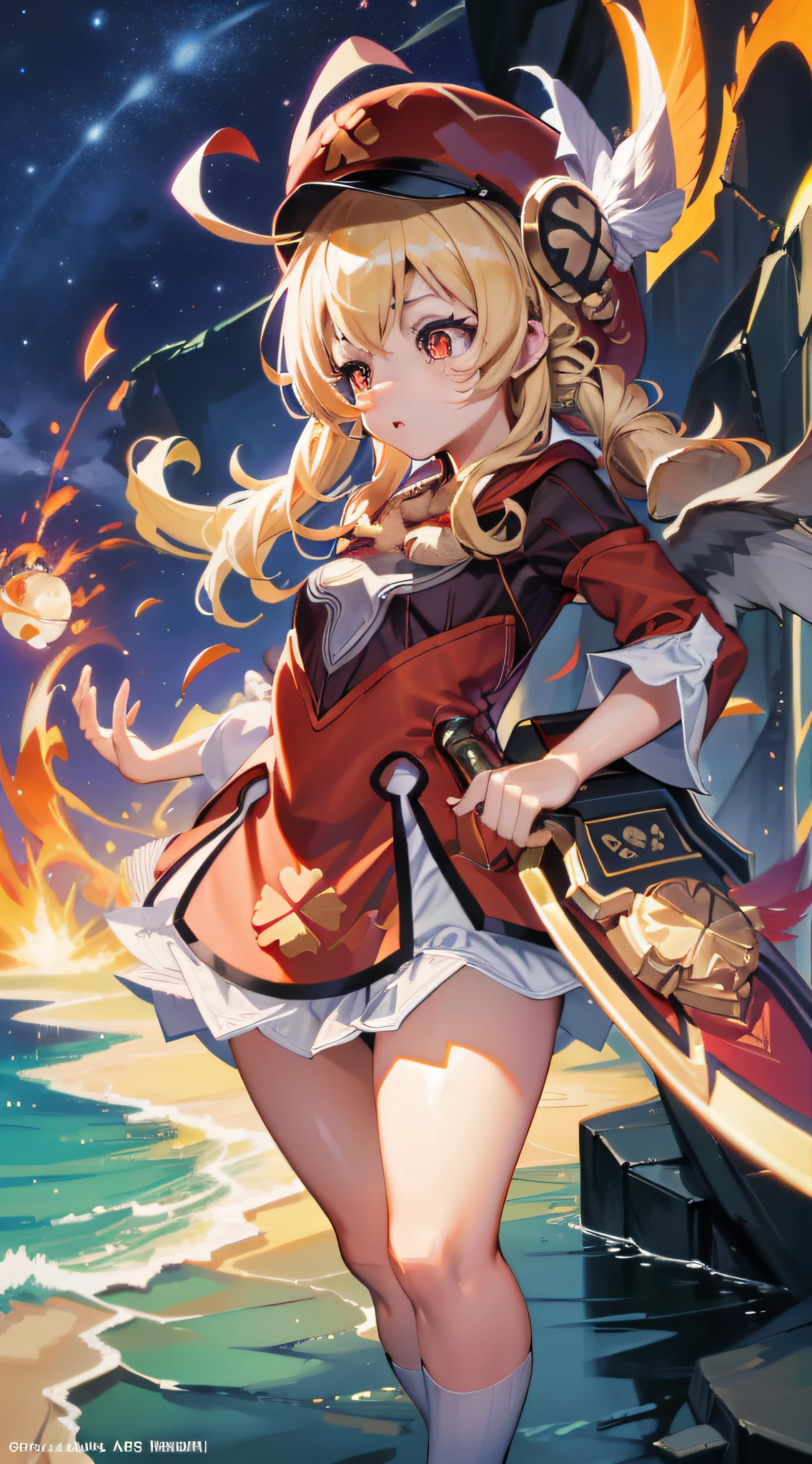 (8K,best qualtiy,tmasterpiece),Hyper-detailing,(highdetailskin),Birds in front of hats and wreaths, Loli, maplestory mouse, Splash art anime Loli, bit girl, Red translucent eyes,Golden hair,Two small braids,Height 1.2m,Red clothes,Red Hat,small curvaceous loli, Pisif, zerochan art, Edelgard de Fire Emblem, from touhou, shirabii, shikishi, Official artwork, alchemist girl