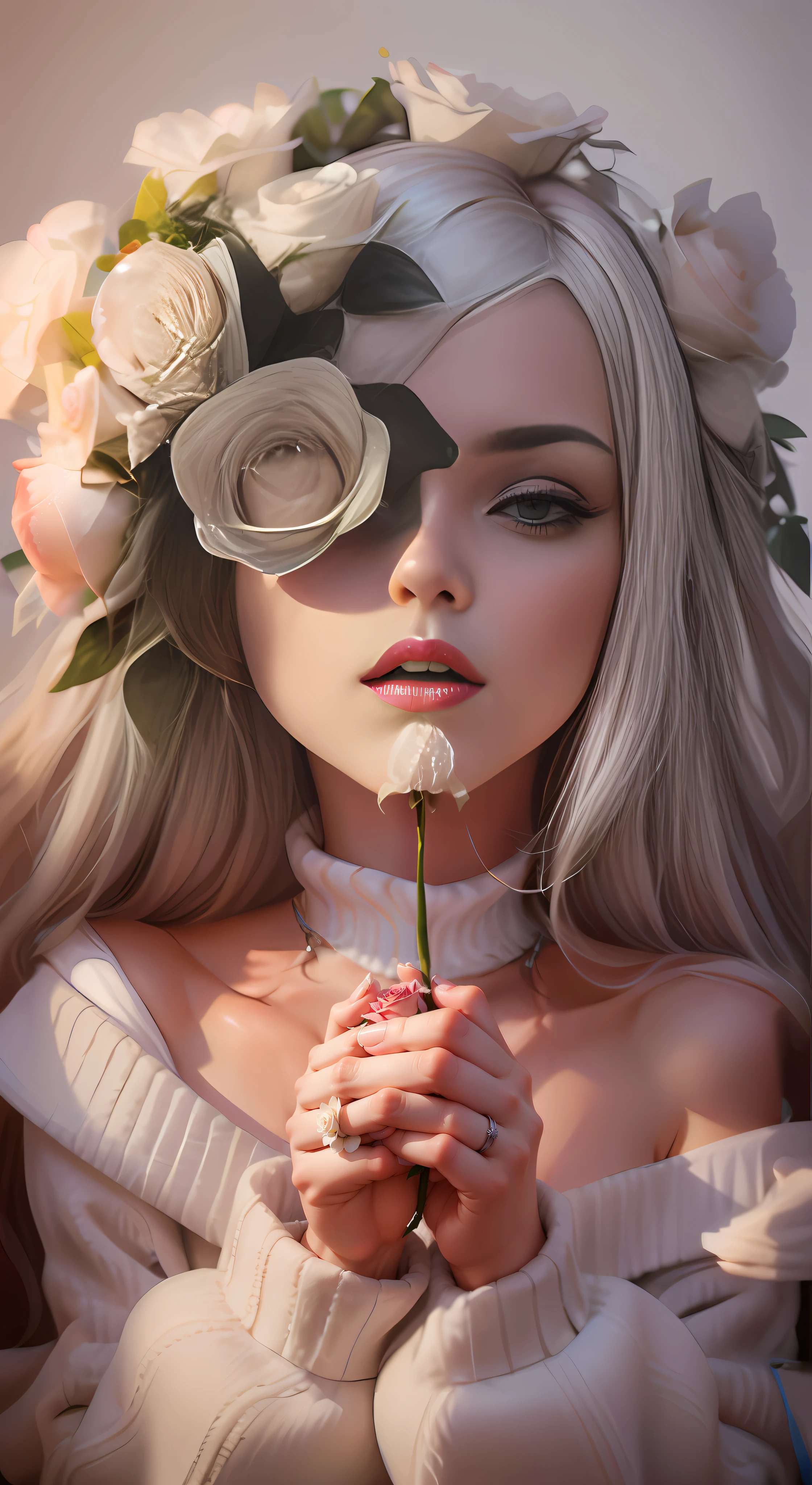 A white sweater secures the white rose to the chin,With enhanced 3D image quality, Mouth slightly closed, A vivid image of a rose, Finger details, The hair is meticulous, The sweater is meticulous, The head is dressed prominently, The flowers are clear, The mouth is closed, Roses have leaves, Fingers are clear, Watery skin, The eyes are confused, There are tear marks on the face, and ten fingers are clearly visible