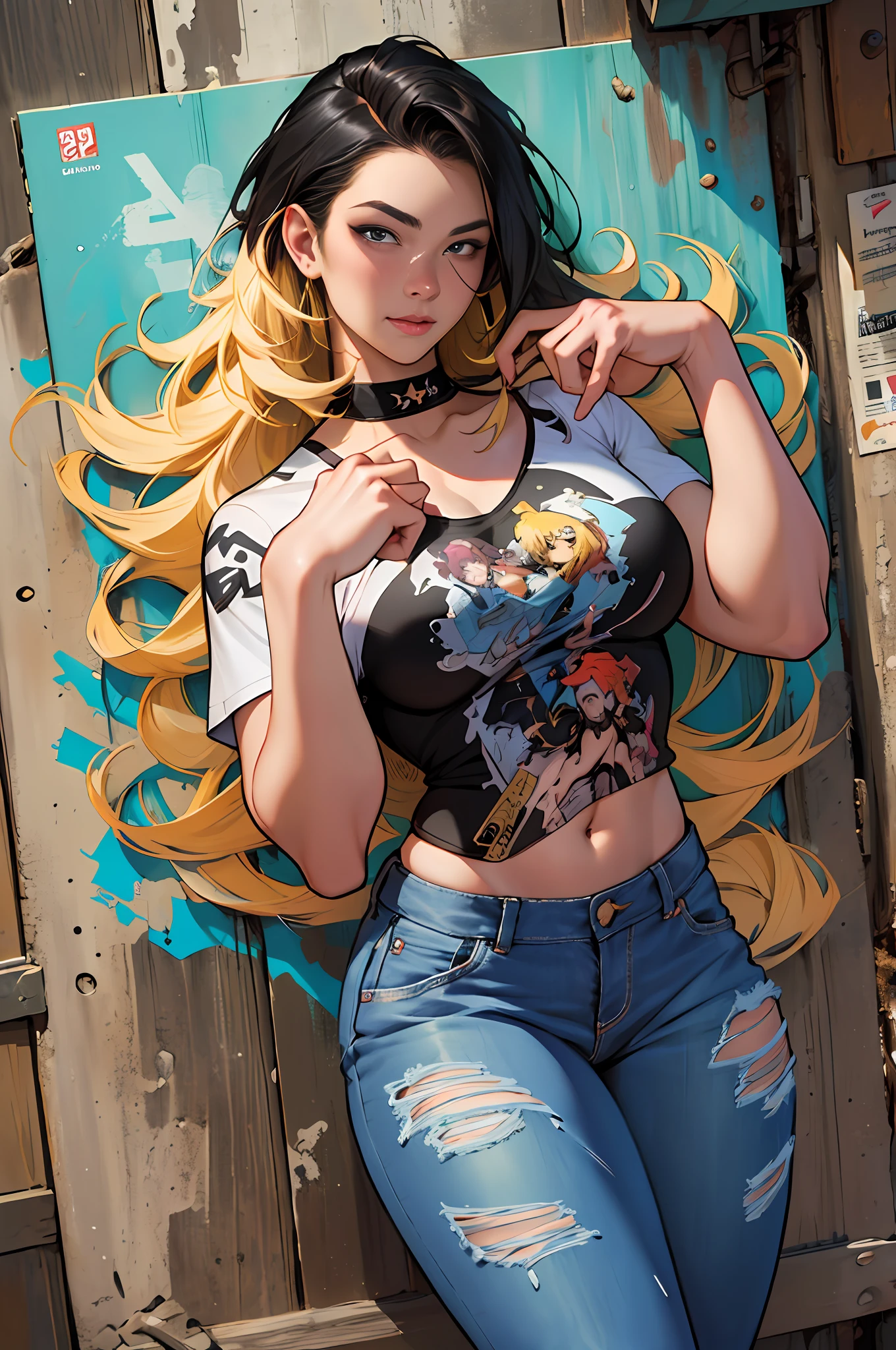 raw photo, ::comix style by marc silvestri:: beautiful woman ashley alexiss european perfect and detailed,   style ::2.0 comix illustration style,tatoon style , man model ultra detailed, (beautiful and clear background:1.2),, fantastic paintings ,graffit style, olhos altamente detalhados , a white t-shirt or tatoon stamp , blond hair, masterpiece, best quality, high quality, highres, detail enhancement, ((most beautiful image in the world)), masterpiece, best quality, high quality, highres, detail enhancement, ((most beautiful image )),with short, shiny black hair, wearing a large round-neck t-shirt, wearing jeans, five legs, like yellow sneakers, emphasizing the integrity of the human body, emphasis on the correct 5 fingers on each hand and the correct shadow, , bright image, art by stanley artgerm lau, art by kenneth rocafort, art by genzoman, art by joe madureira, art by blushyspicy, art by stjepan sejic, art by j scott campbell, art by guillem march, art by citemer liu, 4k, high resolution, comic book, comic book character, comic, high quality