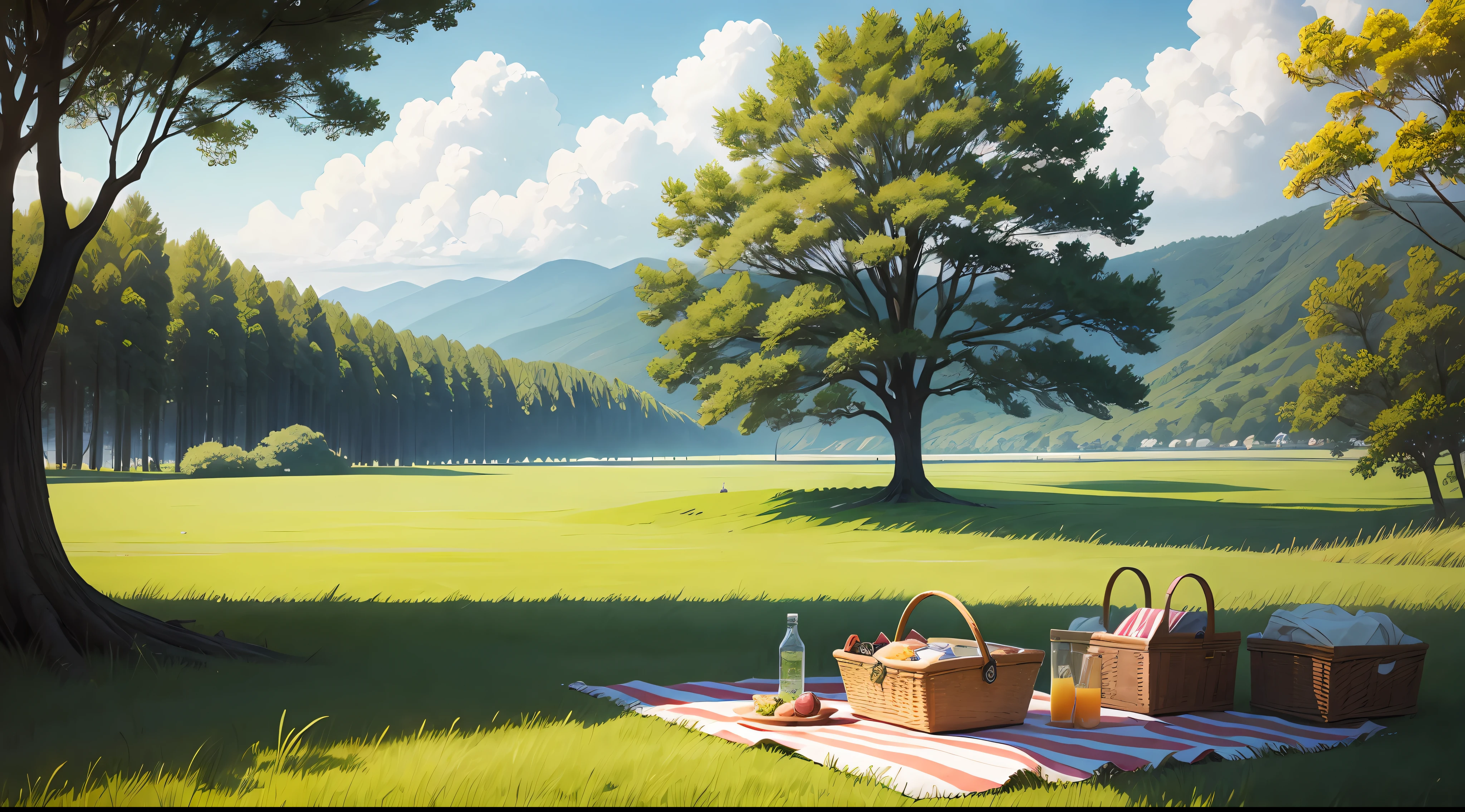 Picnic scene,grassy fields,Noyaku