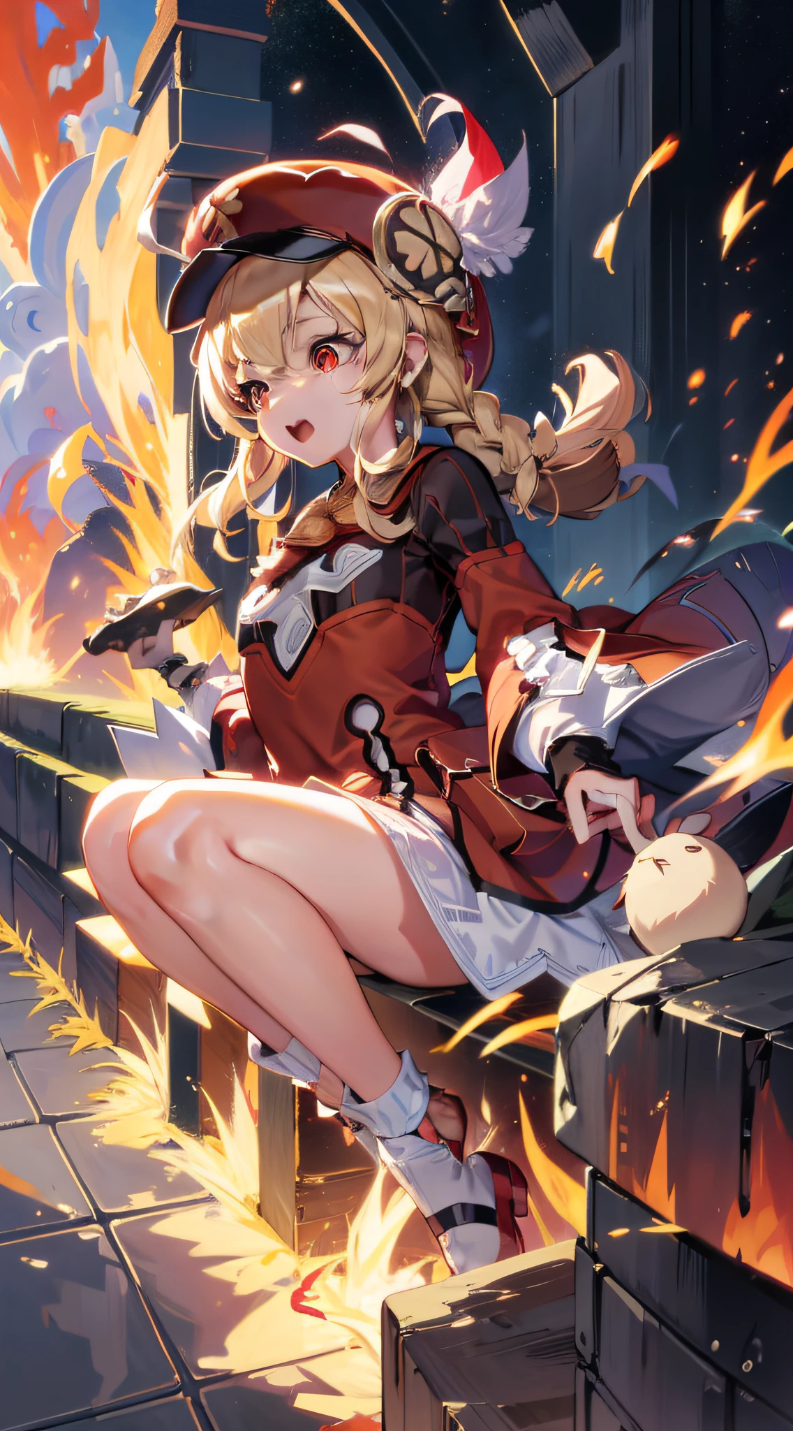 (8K,best qualtiy,tmasterpiece),Hyper-detailing,(highdetailskin),Birds in front of hats and wreaths, Loli, maplestory mouse, Splash art anime Loli, adolable,big laughter,bit girl, Red translucent eyes,Golden hair,Two small braids,Height 1.2m,Red clothes,Red Hat,small curvaceous loli, Pisif, zerochan art, Edelgard de Fire Emblem, from touhou, shirabii, shikishi, Official artwork, alchemist girl